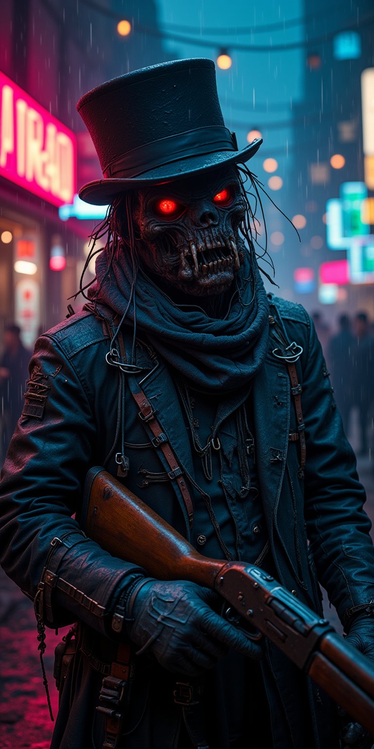 1man, cyberpunk zombie, wears a black top hat and has dirty bandages all over his body, including his face. Tattered black cyber jacket with neon circuit patterns and exposed wires. Shining red eyes visible through the gap in the bandage. A two-barrel shotgun holding an antique double-barreled shotgun with rusted metal and a worn-out wooden stock. Rotten flesh visible between the bandages. Background of a rainy street illuminated by neon lights. Eerie atmosphere, ,futuremadness,Skaven