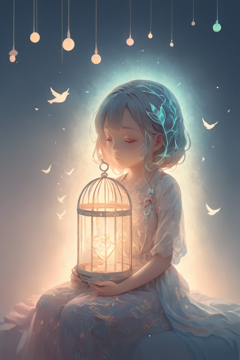 double-exposure:Bird cage and girl,girl inside spiritual world,
A delicate and ethereal depiction of a girl, living inside one's heart,The scene portrays a small, serene girl with a soft, gentle expression. She sits peacefully within a glowing, warm light that represents the heart's core. Surrounding her are intricate patterns of veins and ethereal, misty tendrils that symbolize emotions and thoughts. The girl wears a simple yet elegant dress that flows around her, with colors blending seamlessly into the glowing background. The atmosphere is tranquil and dreamlike, evoking a sense of deep introspection and emotional connection. The overall style is gentle and painterly, with soft edges and a harmonious color palette.,niji5,DOUBLE EXPOSURE