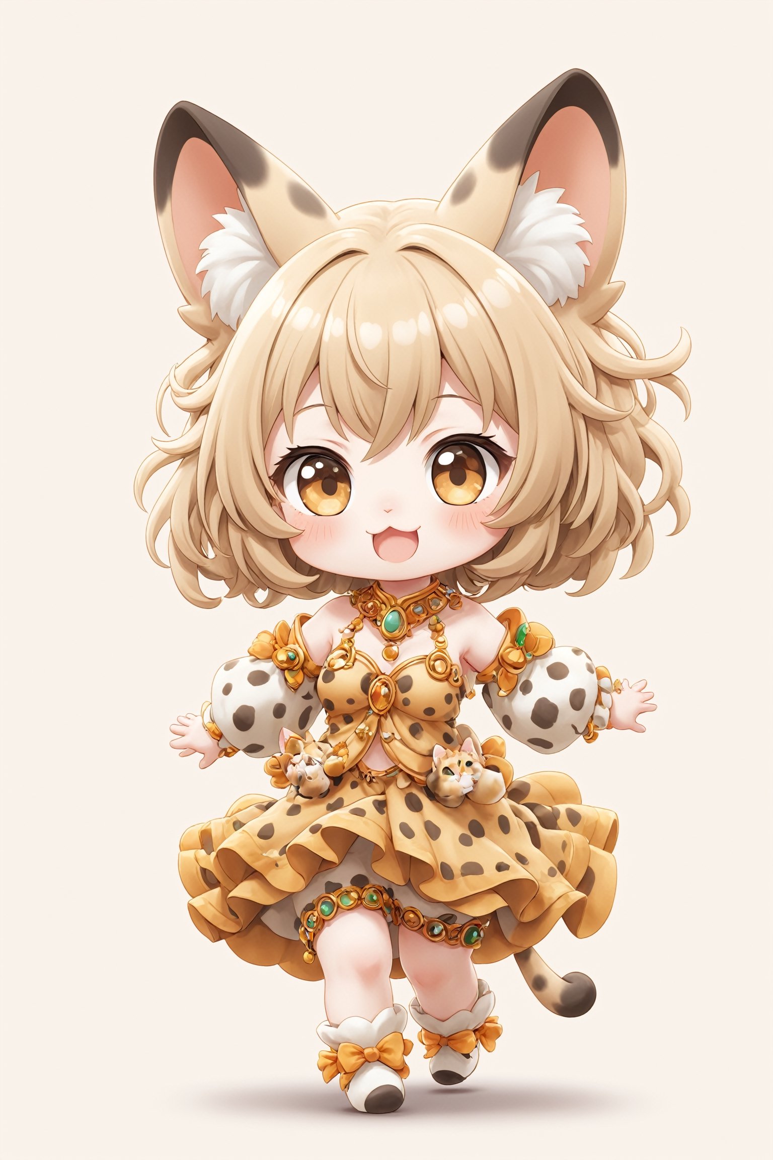 kawaii cute, personified serval cat girl, embodying the grace, curiosity, and independence of her feline counterpart. With soft, spotted fur and expressive eyes, she captivates with her playful charm and alertness. Adorned in a whimsical ensemble inspired by the African savannah, she exudes a blend of wild beauty and human-like personality,catgirl,chibi,sticker