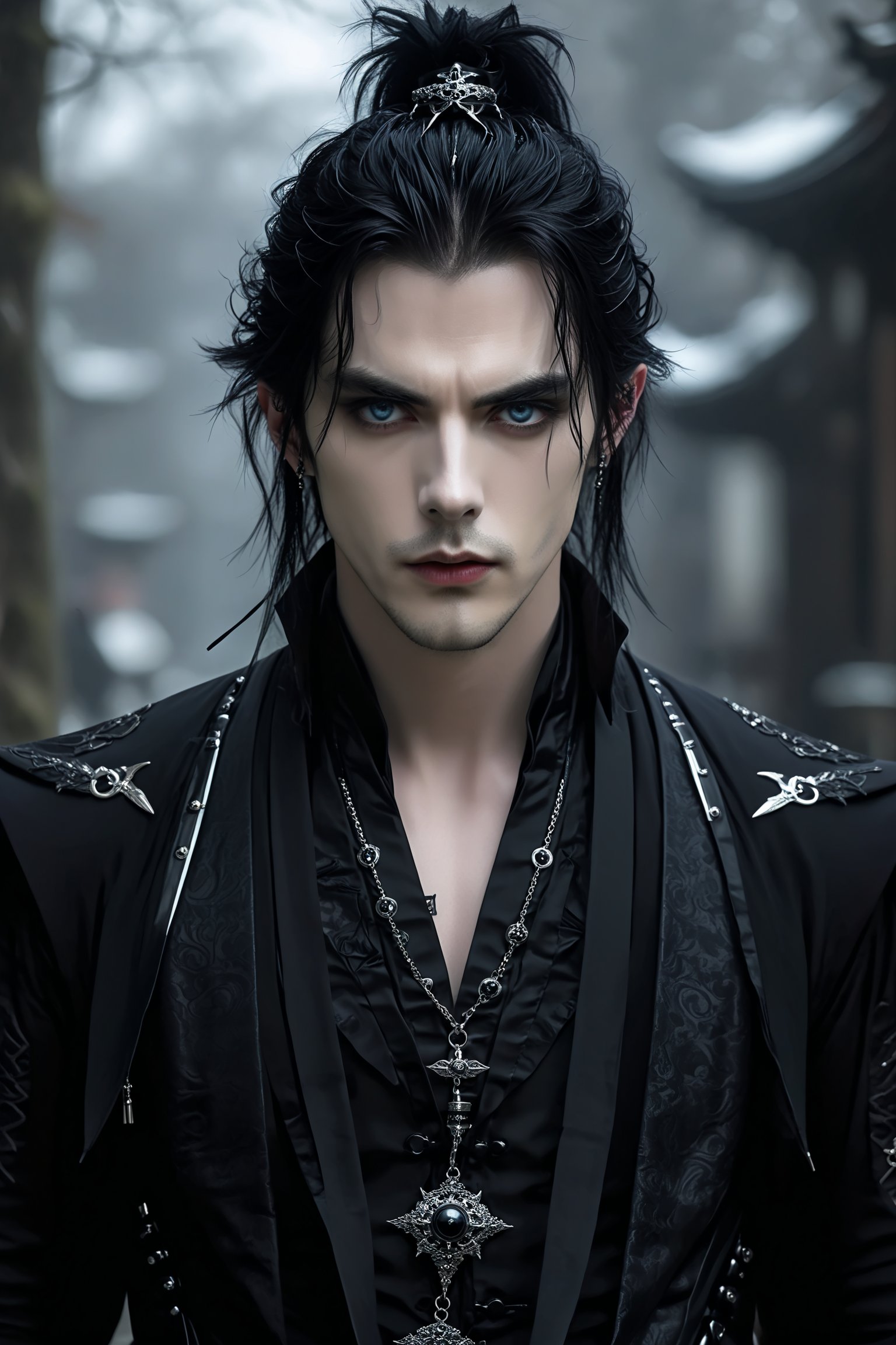 1man,((strikingly handsome French man)), Japanese-inspired gothic horror fashion, deep-set blue eyes and a strong jawline, and a modernized black kimono-style jacket that opens at the chest to reveal her pale skin. button. Tight black leather pants and platform boots with silver buckles. His ears have multiple piercings, including dangling earrings shaped like lanterns. Dark and smoky eye makeup emphasizes his gaze,.,goth person,black cloak,grey hair,male focus