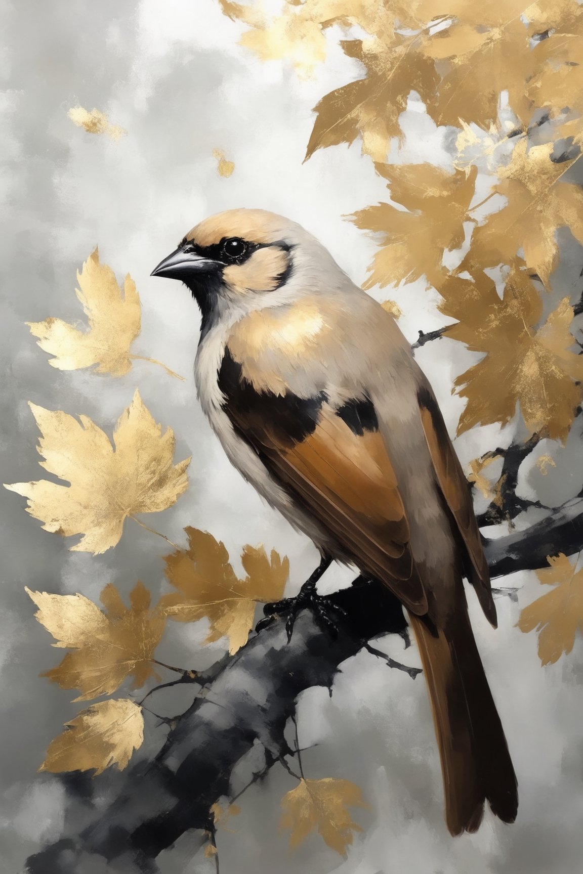 gold Leaf art,
 ,Grayish Baywing,BREAK It's a cute bird about 7 inches long,  with (brownish-gray plumage:1.3), the wings feathers have a reddish-brown tone, The region between the eyes and nostrils is black,  it has black eyes,  black legs,okeh,japanese art