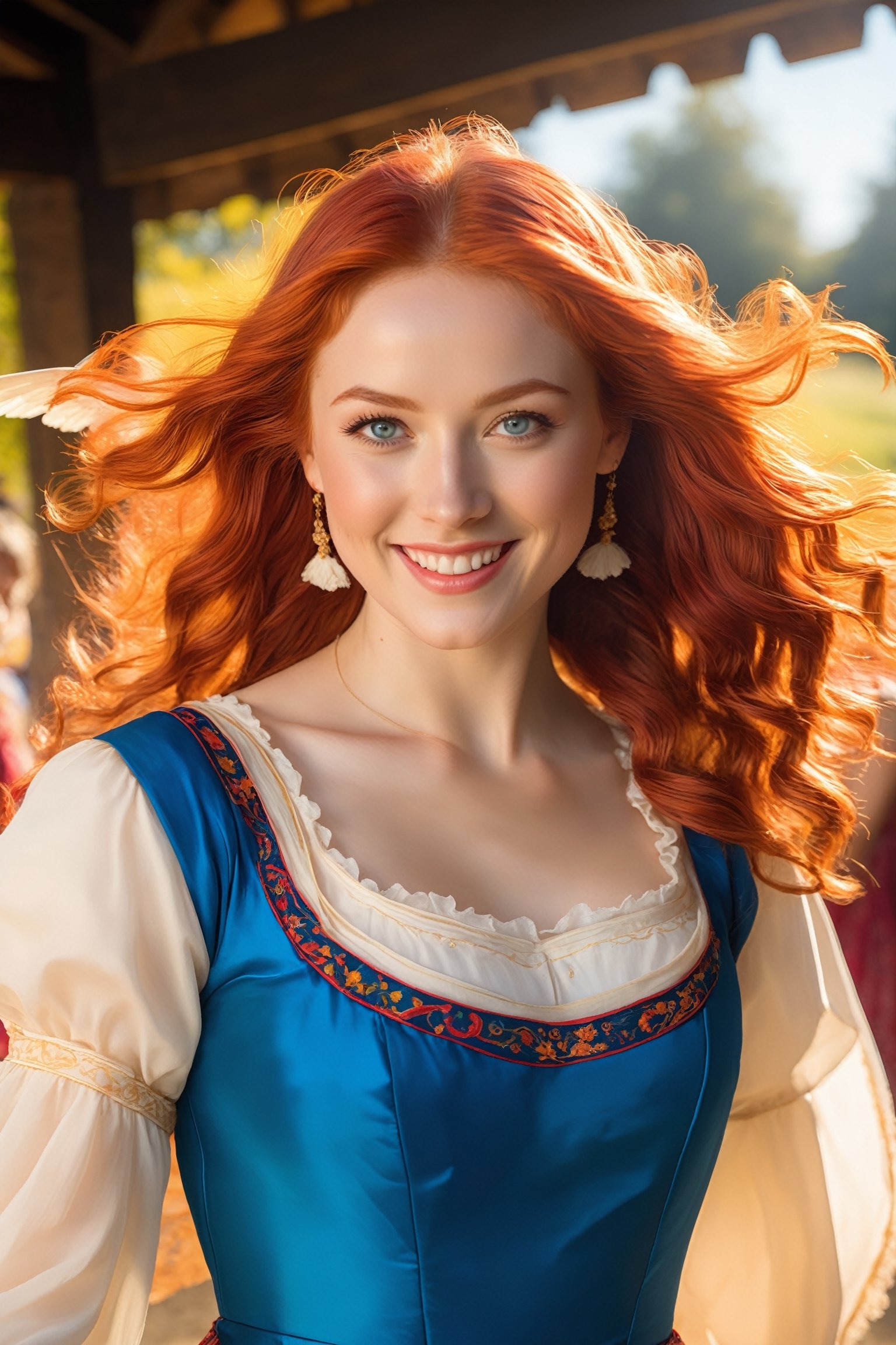 Pictures of a 25-year-old red-haired angel, with a warm,((angel wongs)), happy expression and big blue eyes gazing straight at the viewer, She has a warm, happy expression on her face and large blue eyes that look straight at the viewer. She is dancing in a traditional folkloric dress at a village festival on a sunny day, The viewer has the impression of being her dancing partner, Sunlight rays penetrate the scene created by ray-tracing, giving the sunlight a realistic effect. The background is slightly blurred to focus on her facial expressions and the details of her dress. The lighting is natural and bright, enhancing the cheerful atmosphere,18thcentury,photo_b00ster,bj_Devil_angel,An angel 