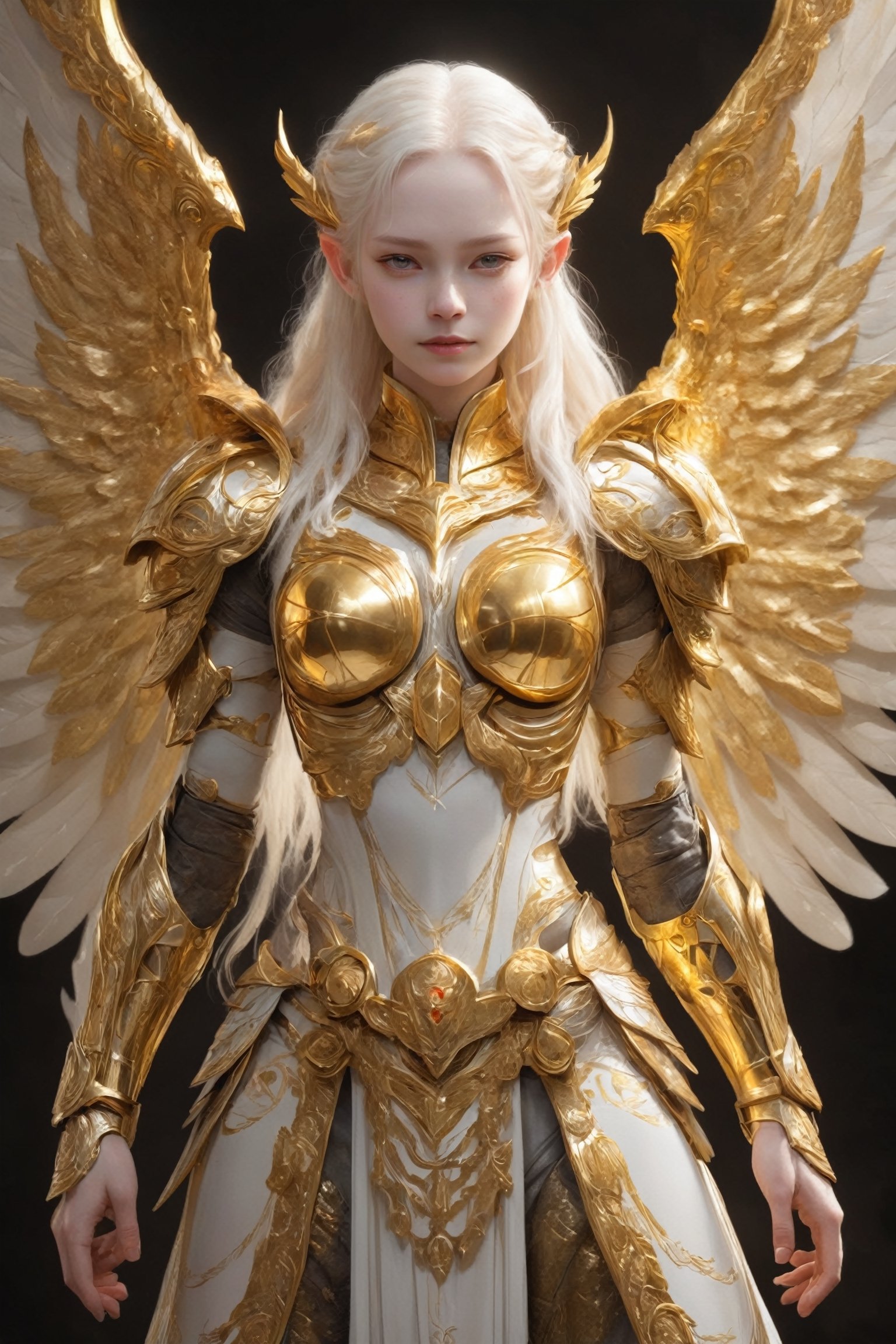 1girl, Beautiful albino Valkyrie,stands adorned in resplendent golden armor, radiating strength and nobility. The intricate design of the golden armor accentuates her fierce and regal presence,
metallic neon grow wing,real_booster