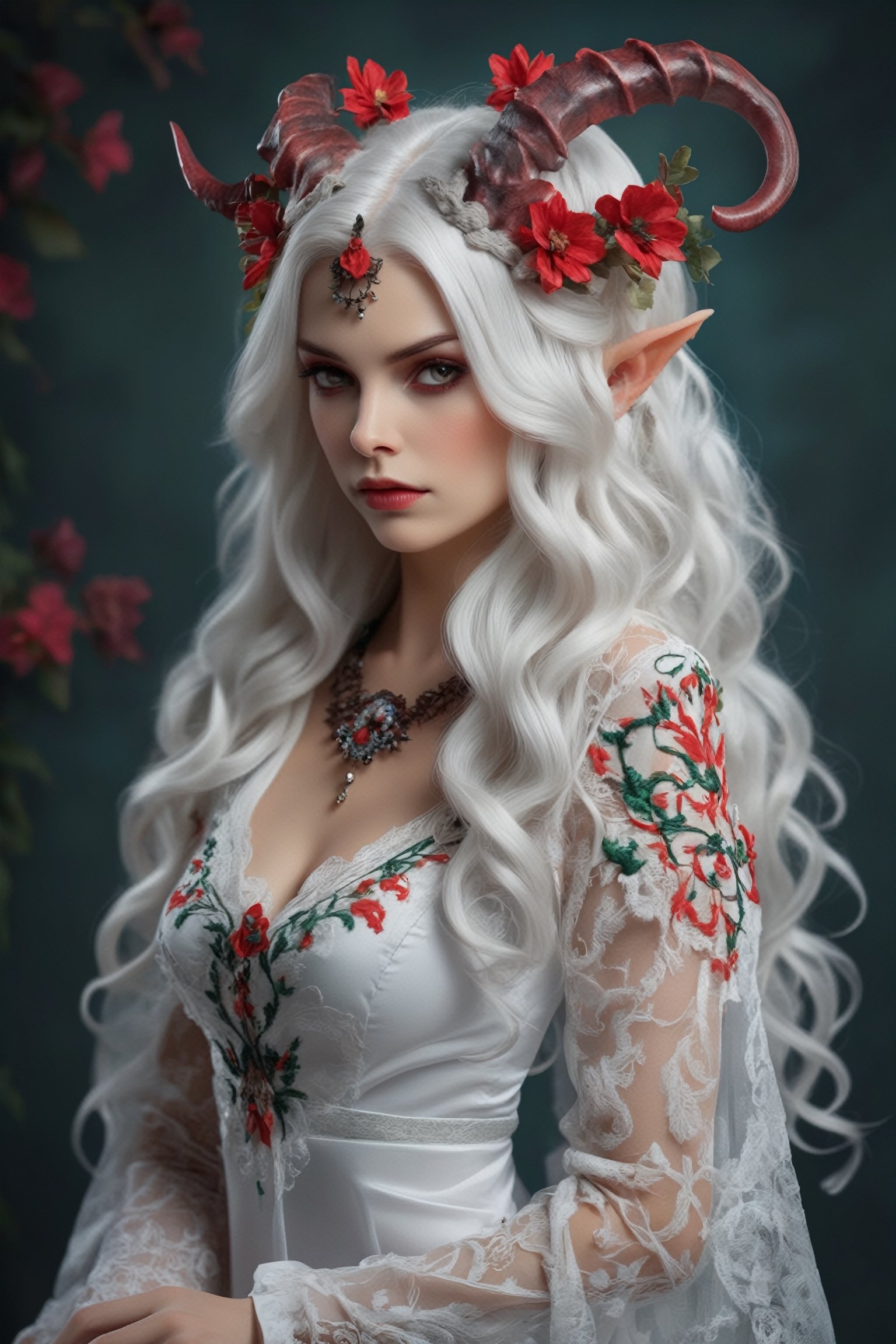  Succubus girl,Demon horn,(Demon Wings),
 adorned in exquisite Ukrainian traditional attire, captivates with her ethereal beauty. Her flowing embroidered blouse, adorned with intricate patterns and delicate lace, perfectly complements her voluminous embroidered skirt, which sways gracefully with every movement. A vibrant floral wreath adorns her flowing platinum hair, adding a touch of natural eleg,DonM1i1McQu1r3XL,DonMP4ste11F41ryT4l3XL,ct-niji2