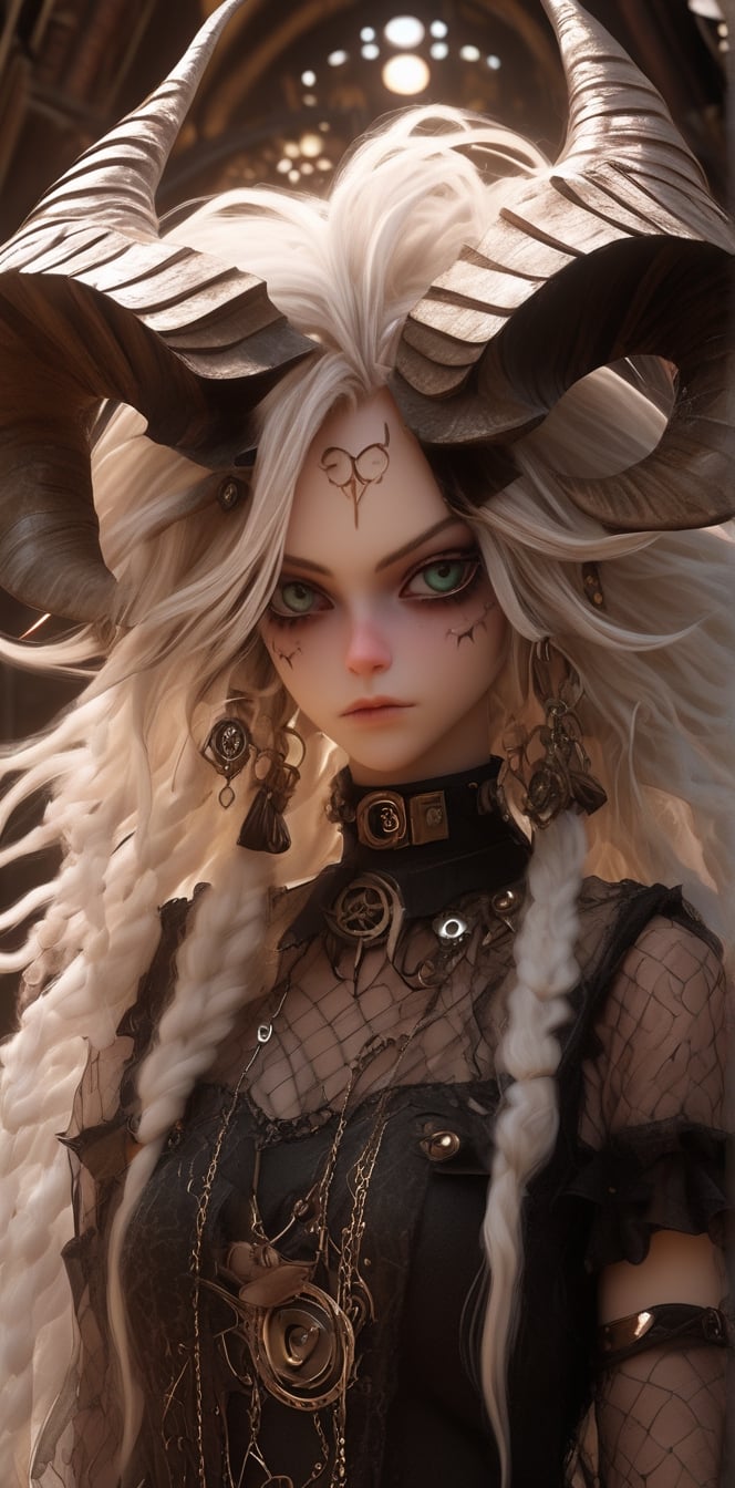 1 girl, (masterful), albino demon girl with lethargic sleepy smokey eyes,(white dreadlocks hair),((slit pupil eyes)),mesh fishnet blouse, (long intricate horns:1.2) ,
best quality, highest quality, extremely detailed CG unity 8k wallpaper, detailed and intricate, 
,steampunk style,Glass Elements