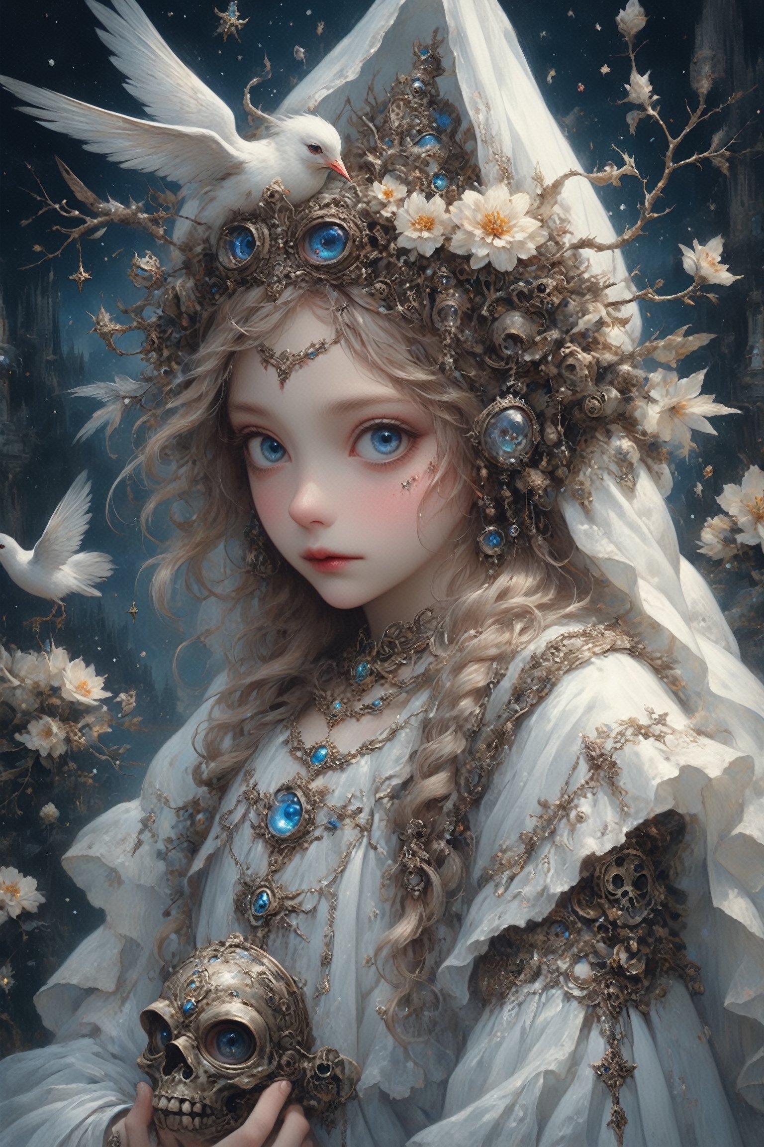 ultra Realistic, Extreme detailed, 1 girl, 12years old,Goddess of Light,transparent respirator on facethe crown is silverr,Beautiful deep blue eyes, soft expression, Depth and Dimension in the Pupils,,star-shaped pupils,sparkling eyes, (Flower Bride), (Wings that pulsate with neon lights,
alabaster skin,gas mask,
Christmas Fantasy World,DonMSn0wM4g1cXL,shiny