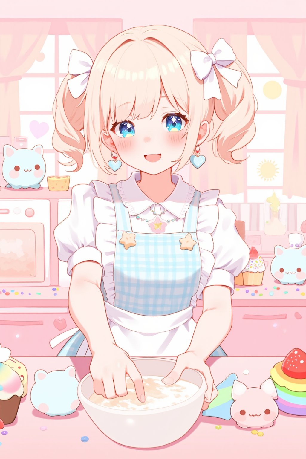 1girl,vtuber anime character design,
adorably kawaii girl cooking in a pastel pink kitchen. She wears a puffy-sleeved dress with a heart-patterned, frilly gingham apron in baby blue and white. Her rosy cheeks dimple as she smiles sweetly, eyes sparkling like stars. Fluffy pigtails tied with oversized polka-dot bows bounce as she stirs a bowl. Colorful, star-shaped sprinkles float magically around her. She wears strawberry-shaped earrings and a cupcake necklace. The kitchen is decorated with smiling anthropomorphic utensils and appliances. A happy sun peeks through heart-shaped windows. Pastel rainbow-colored cupcakes cool on the counter. Tiny, kawaii animals in chef hats assist her,lyh