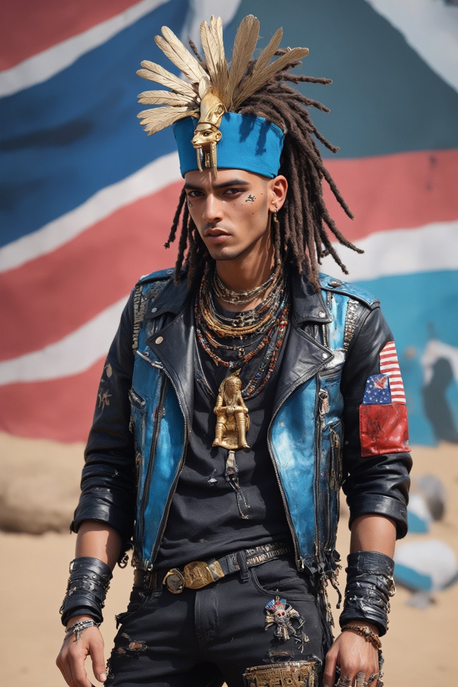 ancient egyptian pharaoh Tutankhamun,donned in a vibrant and edgy punk rock fashion ensemble, complete with Ratty dreads, More patchs, Crust core, anti union flag design, dirty torn studded leather jacket, hardcore Punk Style jacket, lot Punk badge, dirty black leather pants, dirty long torn leather bootsstuds, and unconventional accessories, rebellious punk aesthetic, ,EgyptPunkAI