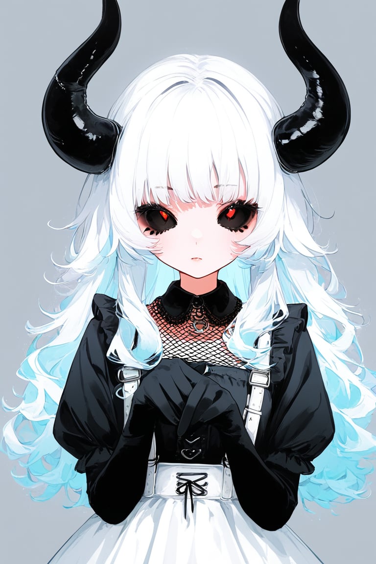 Shoujo manga style,1girl,ultra cute, Harajuku Style grunge fashion with kawaii and Lolita themes, albino demon girl,(pure white 
long hair),(black sclera;1.2),luxury mesh fishnet blouse,dal-1,ct-niji2,black hands