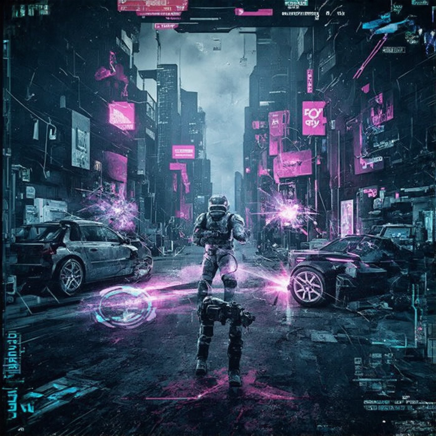 Hyper-realistic FPS game screenshot, body cam-style POV. Gritty cyberpunk cityscape - neon signs, holographic ads, rain-slicked streets. Armed enemies in high-tech gear taking cover behind futuristic vehicles. Weapon visible at bottom of frame, holographic HUD overlay. Muzzle flashes, bullet impacts. Slight camera shake for realism. Steam rising from vents. Lens flares from neon. Grime and scratches on camera lens. Intense, immersive atmosphere