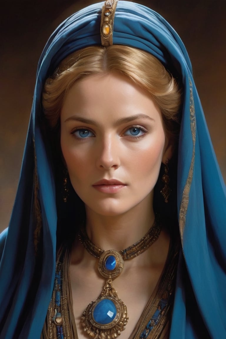 Lady Jessica, a prominent character in "Dune," is depicted as a commanding figure draped in a flowing robe that cascades from her head. Her attire, a symbol of her status and authority, billows around her as she moves, creating an aura of grace and elegance.Her piercing blue eyes, a striking contrast against her dark robes, captivate those who meet her gaze. Behind their beauty lies a depth of wisdom and determination, reflecting her inner strength and resolve.