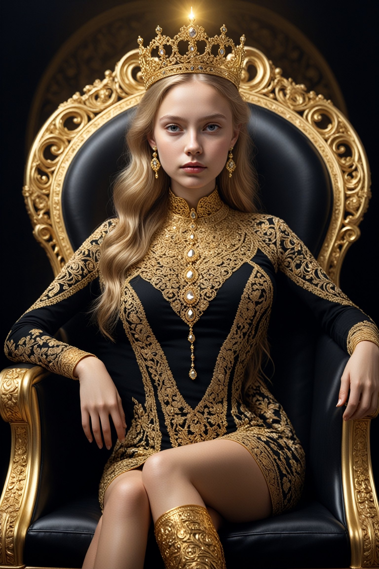 1girl,nordic girl, very beautiful queen, sitting on a black throne made of gold,intricate details, dramatic lighting, hyperrealism, photorealistic, 