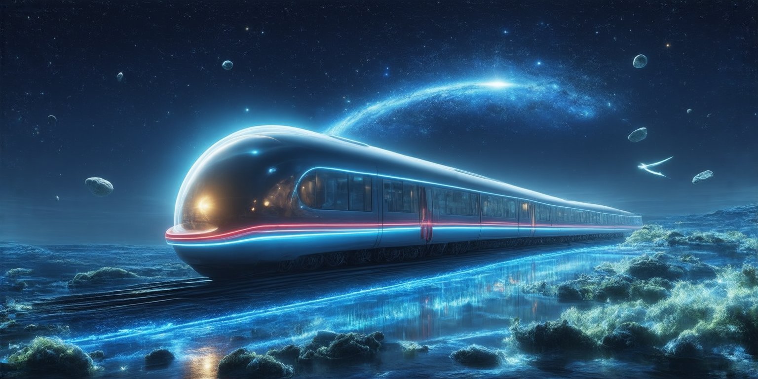 Galaxy Express 999, majestic space train, cosmic railway, starry background, nebulae and colorful galaxies, retro-futuristic locomotive design, gleaming metallic exterior, red and gold accents, steam-like energy trail, glass observation dome, visible passenger cars,, passing comets and asteroids, planet silhouettes on horizon, twinkling stars, cosmic dust clouds, ethereal glow around train, vintage sci-fi aesthetic, ,eco-friendly train,hyperrealistic,