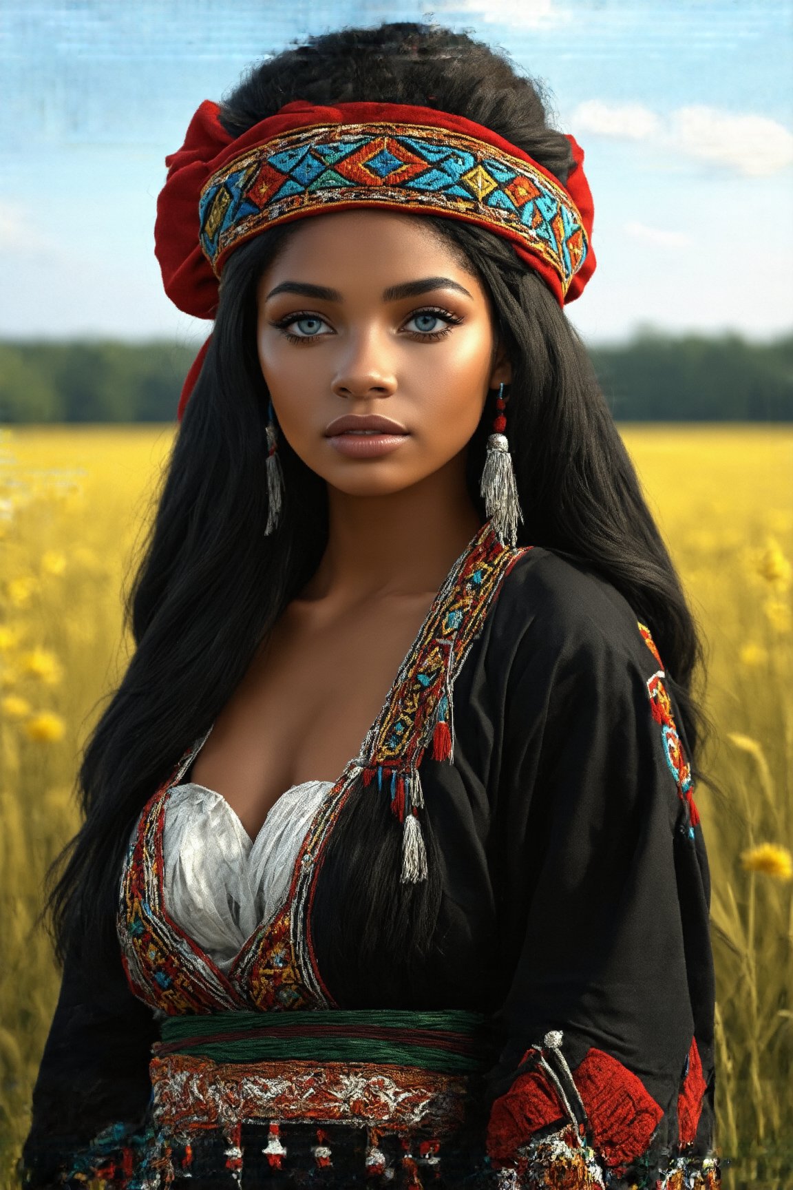 Super detailed, super realistic,beautiful african girl,Curvy body,
She wears old folk costume, long straight black hair,
colorful maria-veil on head,Yakuts folk costume of Siberian minority, beautiful crystal blue eyes, almond eyes, Slouching position, cleavage,intricate textile decorated with colorful and intricate geometric patterns,  decorative embroidery, clothes in earth colors such as black, red and green,beautiful reed meadow landscape,photo realistic 