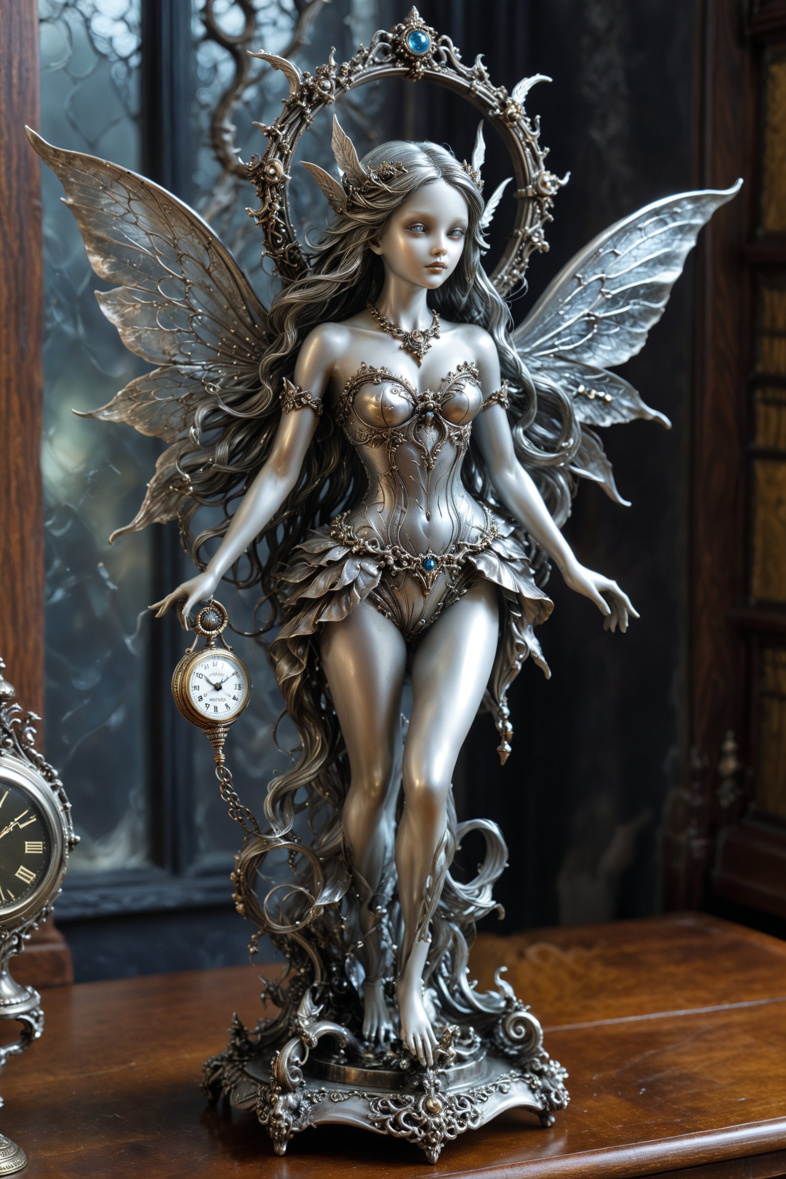 Exquisite Gothic-style silver sculpture of a fairy, holding an ornate pocket watch. Intricate filigree work on delicate limbs and ethereal wings. Flowing hair with intertwined silver strands. Haunting expression on finely carved face. Adorned with miniature Gothic elements - flying buttresses, gargoyles. Watch face reveals complex celestial mechanism. Patina emphasizing depth. Impossibly fine details. Blend of whimsical fairy lore and dark Gothic aesthetics. Timekeeper of the otherworld concept,
A sculpture placed on a wooden desk
