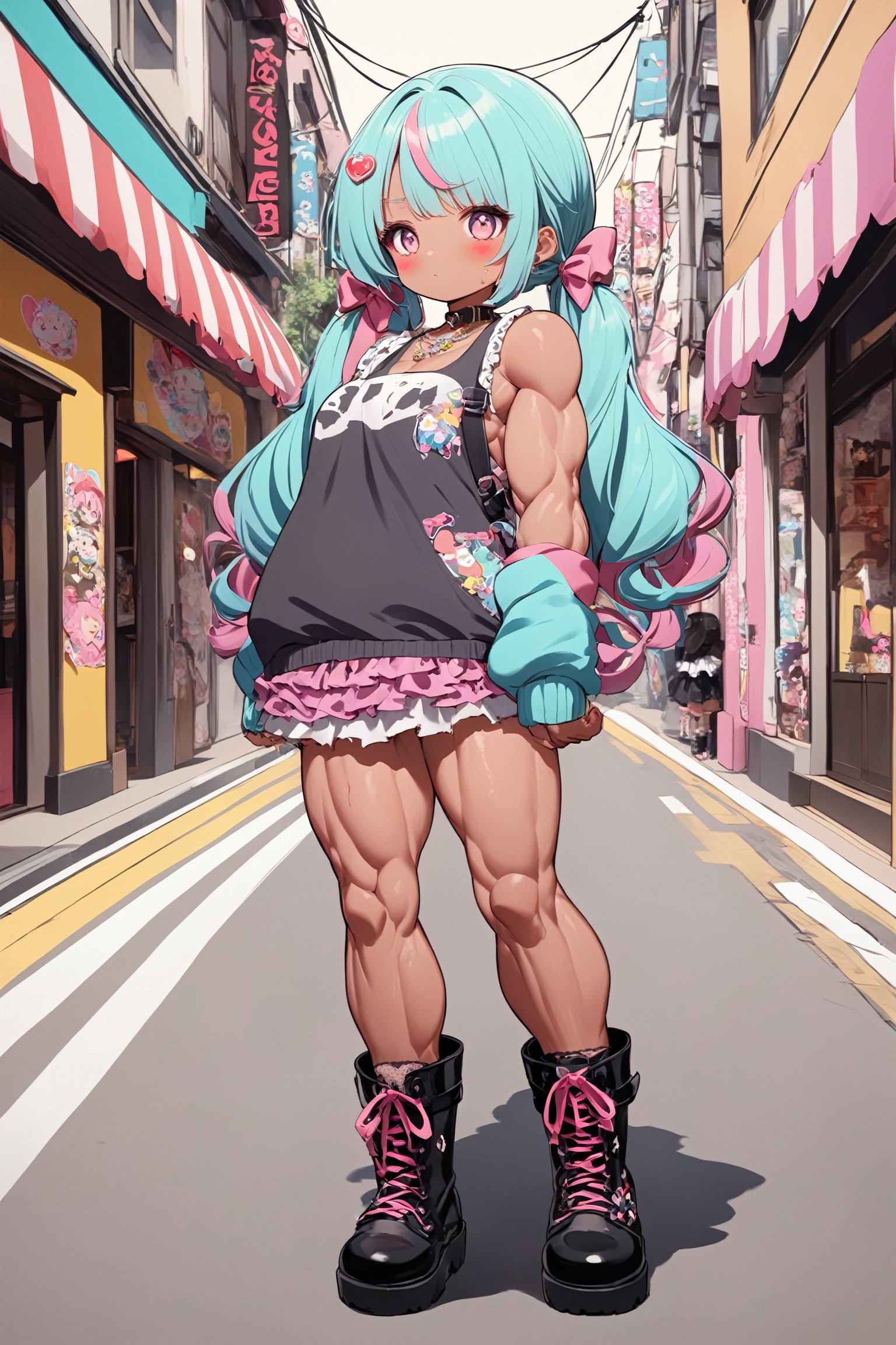 1girl,ultra cute,
Harajuku Style grunge fashion with kawaii and Lolita themes,She wears a distressed pastel dress with lace, an oversized torn cardigan, and chunky Combat boots, (((Super muscular body, amazing bulk body:1.5
))),Her pastel-streaked pigtails are adorned with bows and clips, and her makeup features glitter and heart-shaped stickers. She stands in a vibrant Harajuku street, blending sweetness with a rebellious edge.,Ground Mine Girl,Muscle