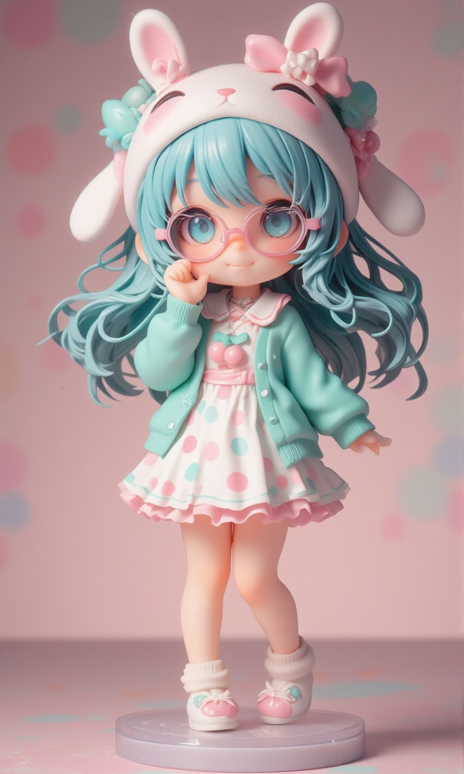 Cute anime-style chibi figurine of a girl with long, flowing turquoise hair. Large expressive blue eyes behind pink round glasses. Wearing a white polka-dot dress with pink and blue dots, pink trim, and a teal underskirt. Teal cardigan sweater. White and pink animal-shaped sleep mask on her head with closed eyes, small bone decoration, and blue bow. Pink bow in her hair. Pink cherry-shaped pendant necklace. White bunny-shaped slippers. Posing with one hand raised near her face. Cheerful expression. Highly detailed plastic figurine on a clear stand. Soft, pastel color palette. Professional product photography lighting and setup.,lyh,dal,create figure 2