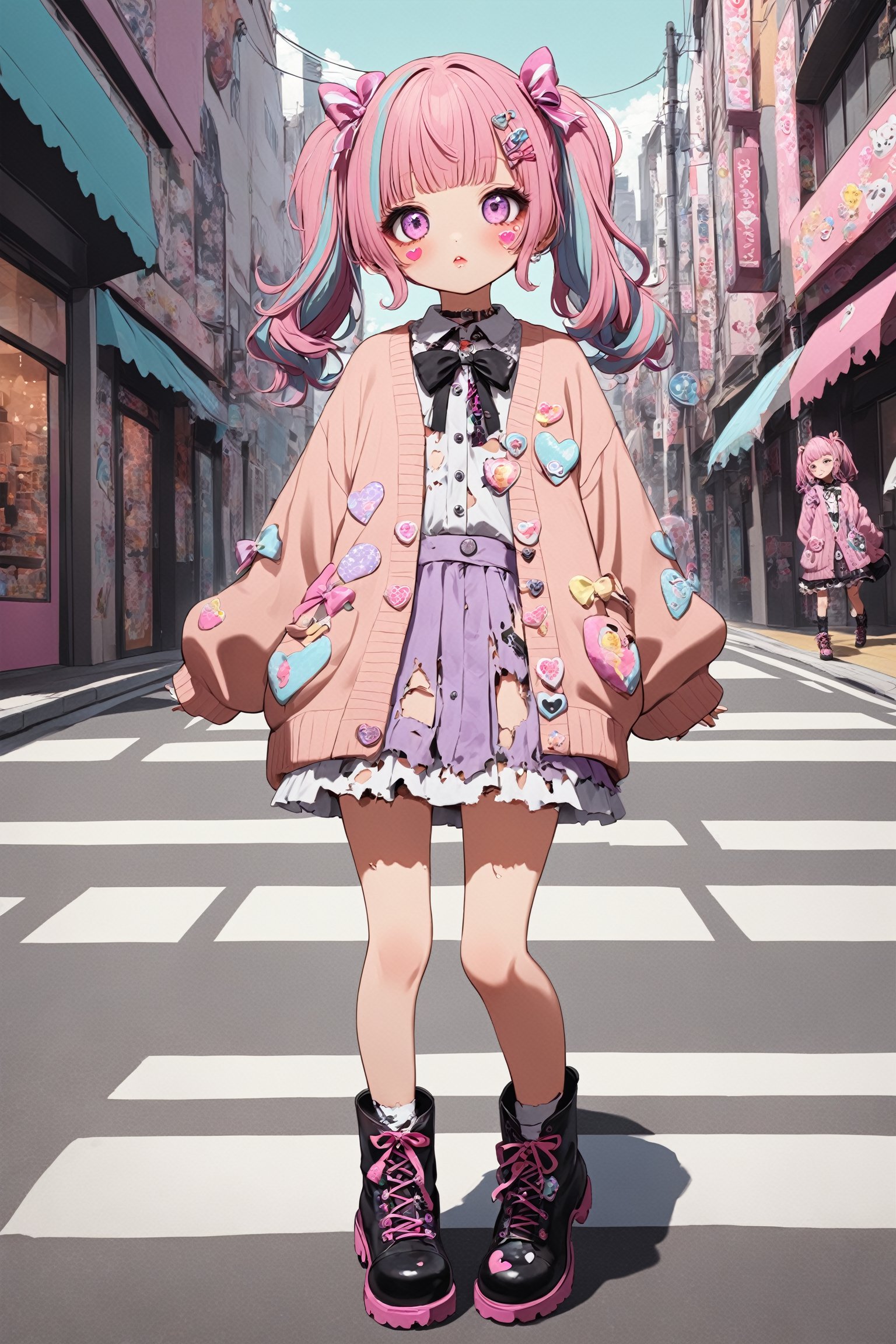 1girl,ultra Realistic,
Harajuku Style grunge fashion with kawaii and Lolita themes. She wears a distressed pastel dress with lace, an oversized torn cardigan, and chunky Combat boots, Her pastel-streaked pigtails are adorned with bows and clips, and her makeup features glitter and heart-shaped stickers. She stands in a vibrant Harajuku street, blending sweetness with a rebellious edge.,Ground Mine Girl