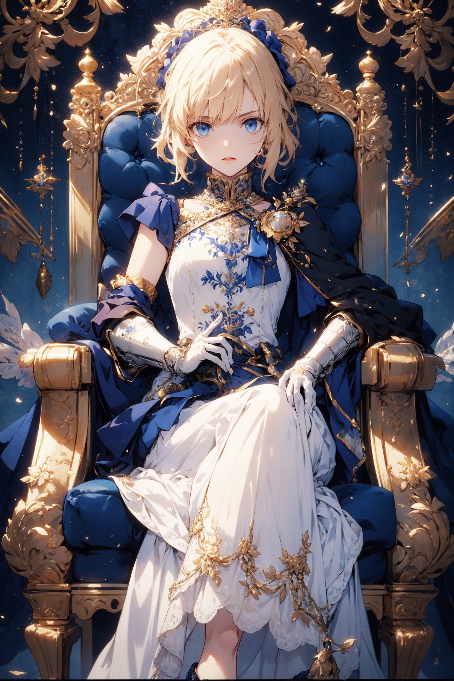 Azur Lane,
Solo､12year old beautiful actress girl,petite body, bangs,blonde hair,blue eyes, petite,tall eyes, beautiful girl with fine details, Beautiful and delicate eyes, detailed face, Beautiful eyes,luxury European Armor,Blue long skirt, blue shoes, white gloves with gold decoration,ultra detailed, official art, masterpiece,throne room background,phSaber, bouquet, joints, grey dress, mechanical arms