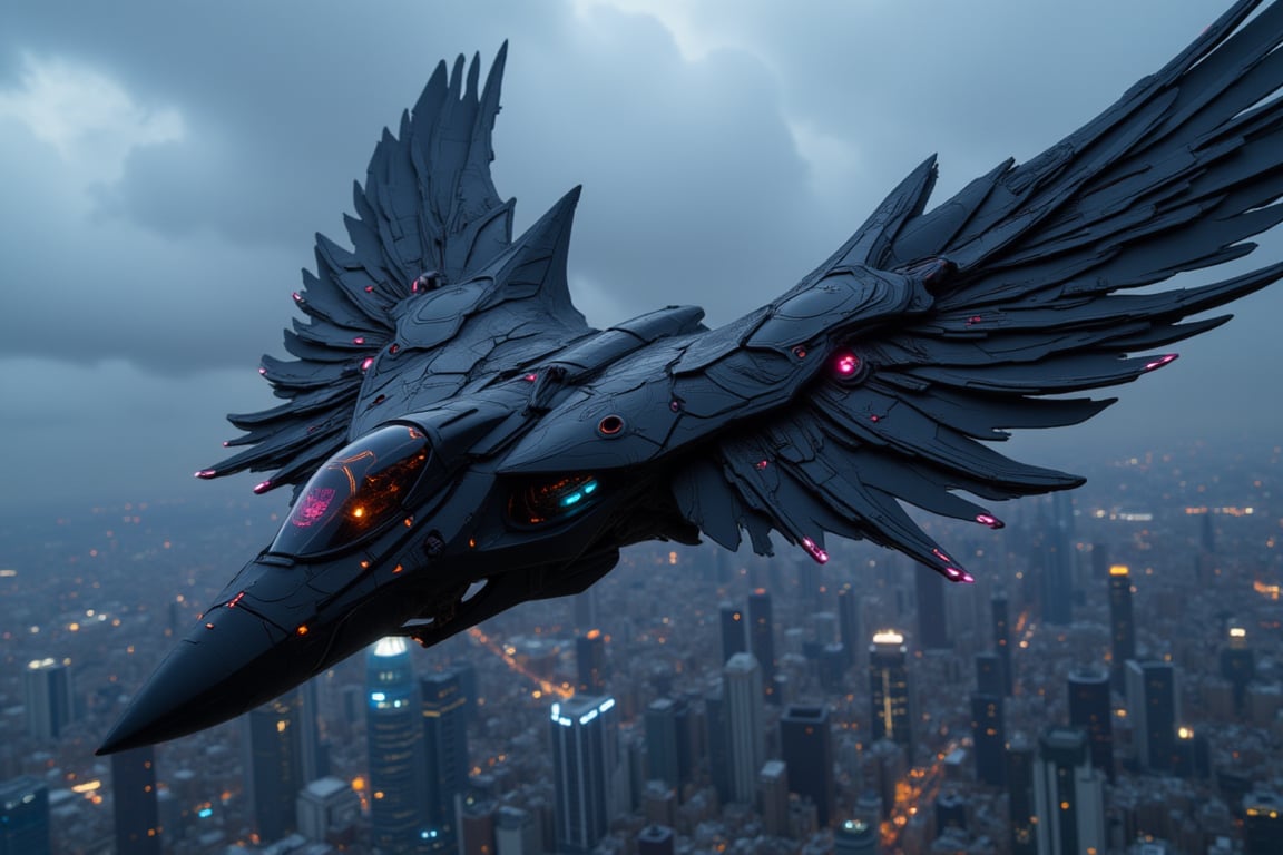 "A futuristic, high-tech fighter jet in a sleek, cyberpunk style, soaring through the sky with mechanical black wings resembling those of a raven. The jet's design is angular and cutting-edge, with neon lights in hues of electric blue and violet tracing along its dark, matte-black body. The wings are intricate, made of segmented metal plates that give a feather-like appearance, with glowing accents that pulse as the aircraft moves. The jet's cockpit, with a minimalistic but advanced HUD display, is streamlined into the overall body. Below, a sprawling cityscape of towering skyscrapers and neon lights shines, enhancing the cyberpunk atmosphere as the fighter jet streaks through the air like a futuristic bird of prey.",Angelic Knight