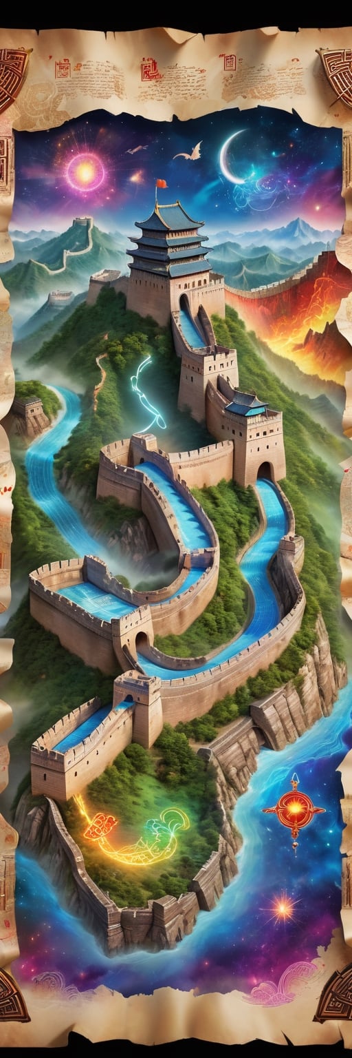 Magic Parchment,Top view of holographic magic map (3-D), The Great Wall of China emerges from the enchanted map, Illuminated by mystical glyphs and pulsating with magical energy, the map is lifted from paper It appears to float and sit on a wizard's desk. magic multicolor ink, high quality, imagination, 8K, fantasy art, vivid magical colors, style painting magic, map, itacstl