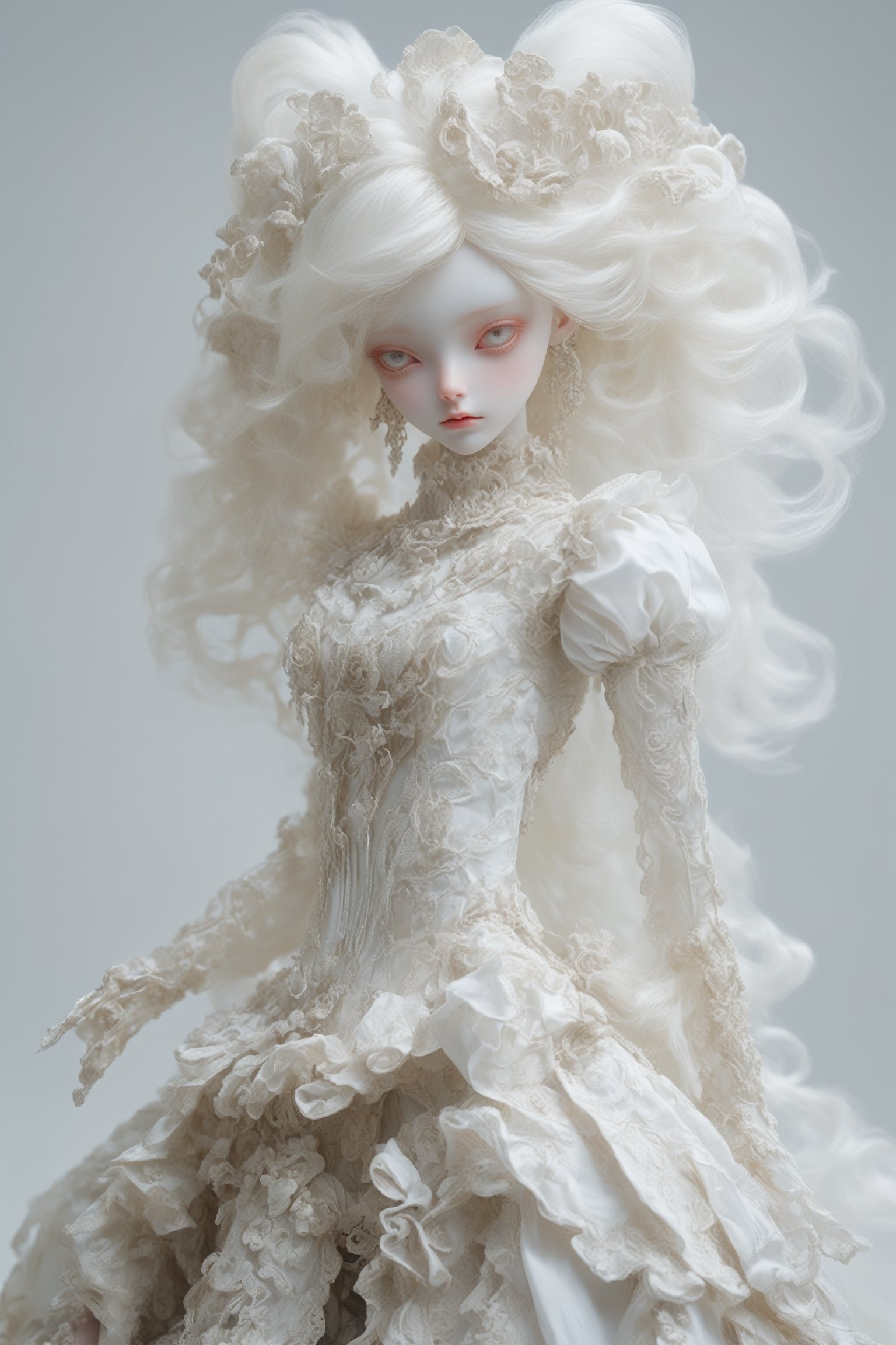 Imagine a ball-jointed doll,albino demon girl,
dressed in a cyberpunk-inspired Rococo dress. The doll features intricate joints, allowing for lifelike poses. Her dress merges the ornate elegance of Rococo with futuristic cyber elements. The fabric is a mix of rich silks and metallic materials, adorned with elaborate lace and digital patterns that glow subtly. The bodice is detailed with delicate ruffles and cybernetic embellishments, while the skirt flares out in layers, combining traditional Rococo volume with sleek, modern lines. Her hair is styled in a powdered wig, interwoven with fiber optic strands, ,DonMM1y4XL