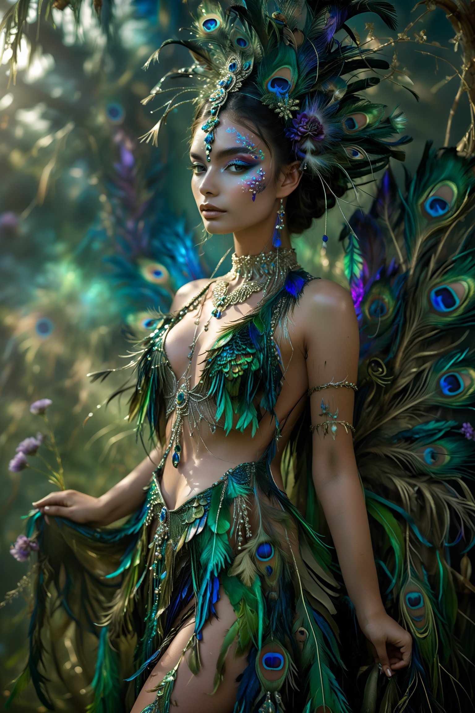 1girl,perfect beautiful face,Stunning woman personifying a peacock,Elaborate peacock-inspired headdress with iridescent blue and green feathers,
She is wearing a revealing sexy plant dress,
Elegant, form-fitting dress resembling peacock's body, with a long train of tail feathers.,pelvic curtain,jewelry,Flower queen,
beautiful meadow background,,score_9,score_8_up,score_7_up,ENHANCE Facial details,,baby face woman