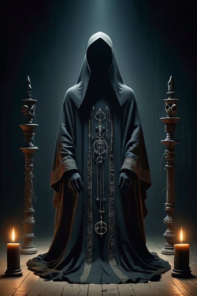 Traditional Slavic embroidery, mannequin dressed in weathered cloak, ((face hidden in shadow:1.8)), face almost invisible behind robe,Pagan Sherman, only long beard visible, symbol of paganism, disastrous dark rituals,Hollow,Candelabra, candles, magic circle,Altar of Paganism,
black wire mannequins