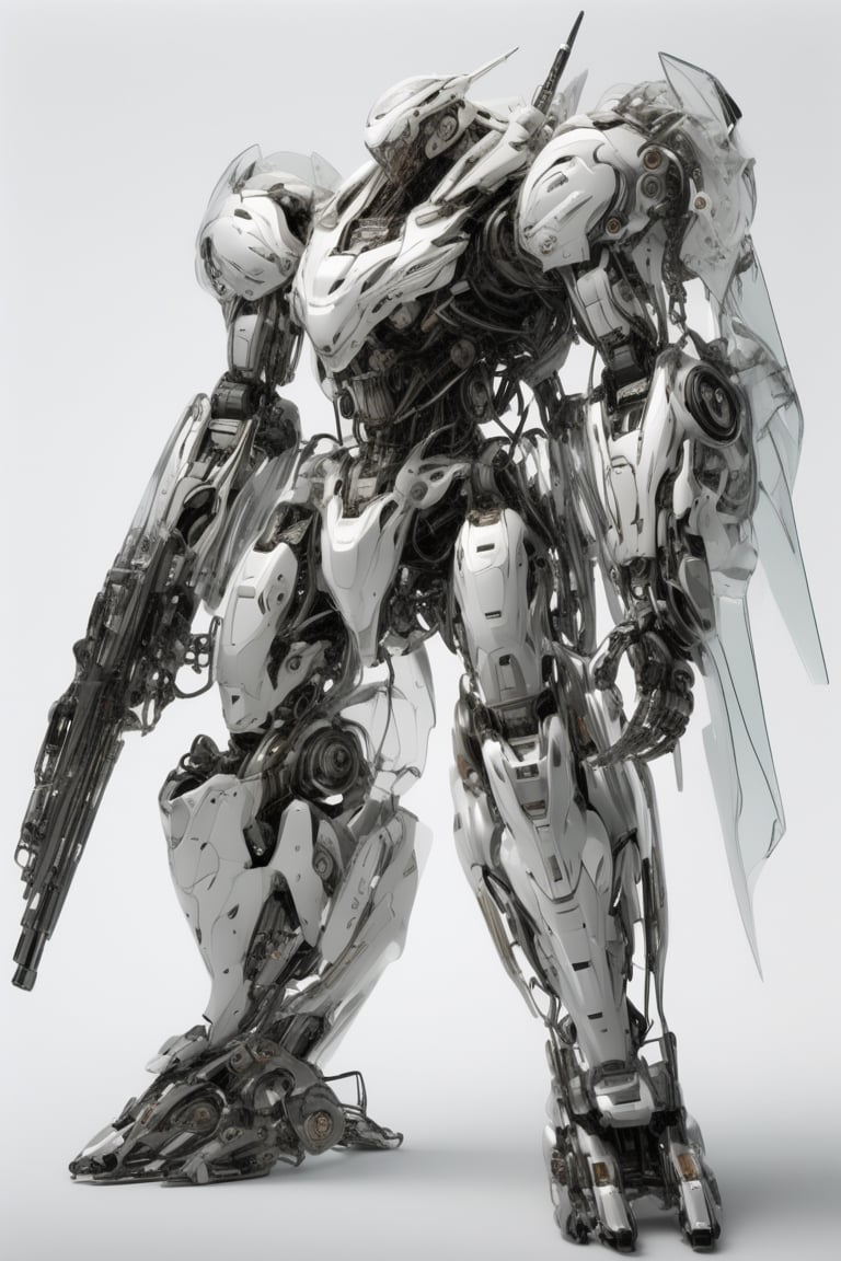real robot figure,Giant humanoid Machine, adorned with transparent body parts, revealing the intricate machinery inside, giant robotic weapon, smooth and angular design despite transparent parts, pulsating energy and intricate circuitry visible through transparent body parts.,robot, mechanical arms,Glass Elements,Clear Glass Skin