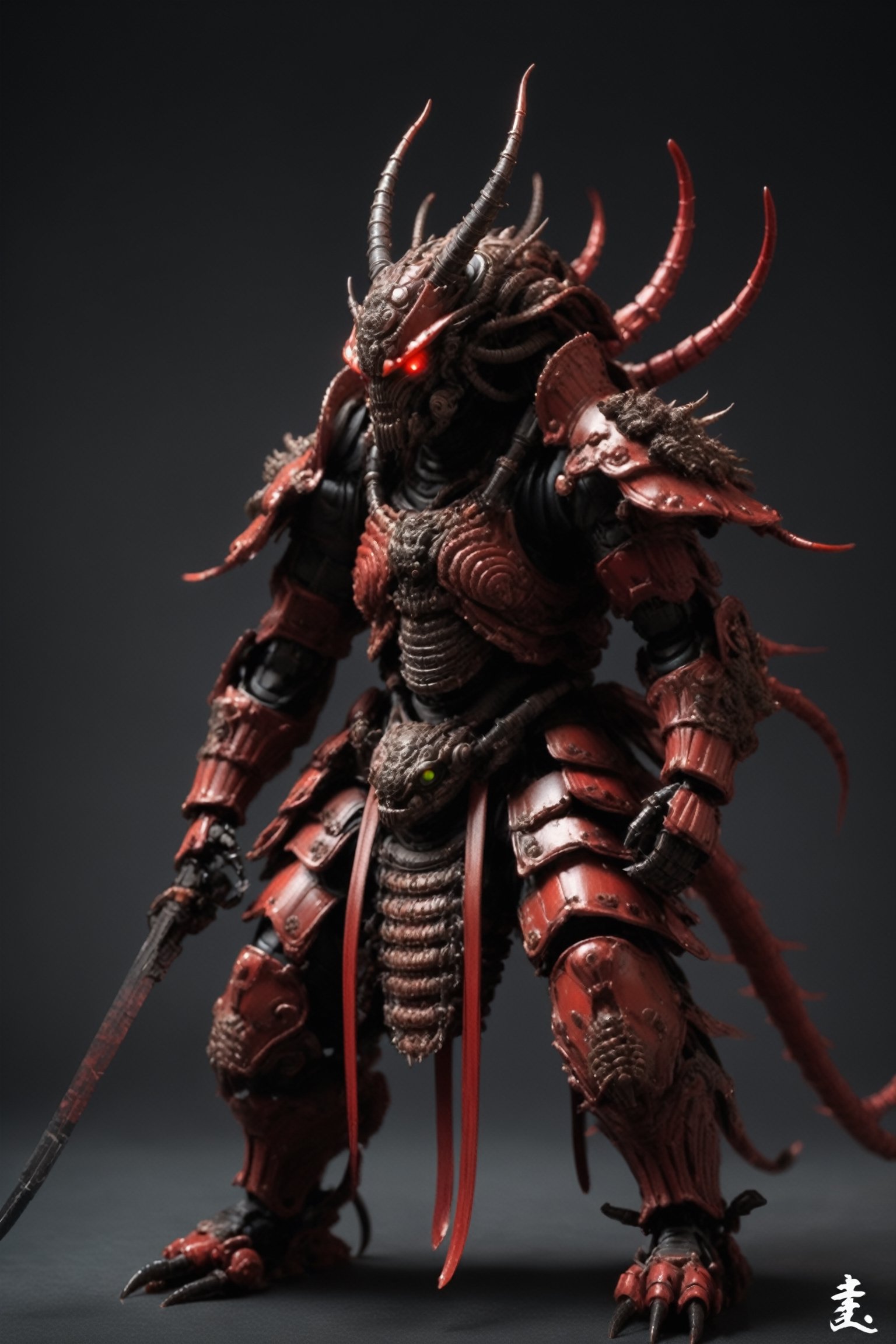  centipede Samurai,armor based on a giant centipede, red in color and armed with smooth, angular plates made to resemble an insect's exoskeleton, with centipede antennae on their helmets and intricate designs on their masks that resemble insect eyes,warrior,ROBOT,action figure