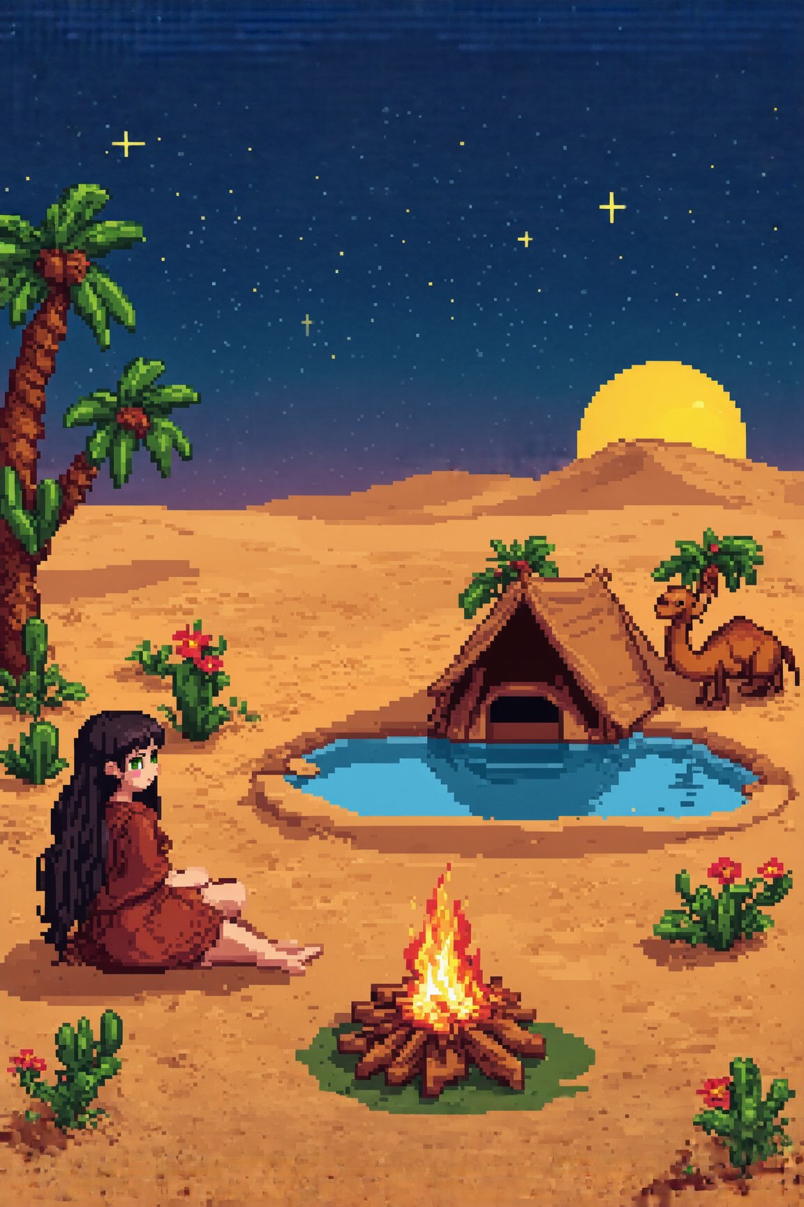 Pixel art scene of a vast desert oasis at dusk. A young nomad girl with long black hair and striking green eyes sits by a small campfire. Her traditional robes flow in earthy tones. Palm trees and a small pool reflect the setting sun. The girl's tent is nearby, made of weathered fabric. A camel rests in the background. The sky transitions from deep blue to orange, with pixelated stars appearing. Cacti and desert flowers dot the landscape.,pixelartsd3