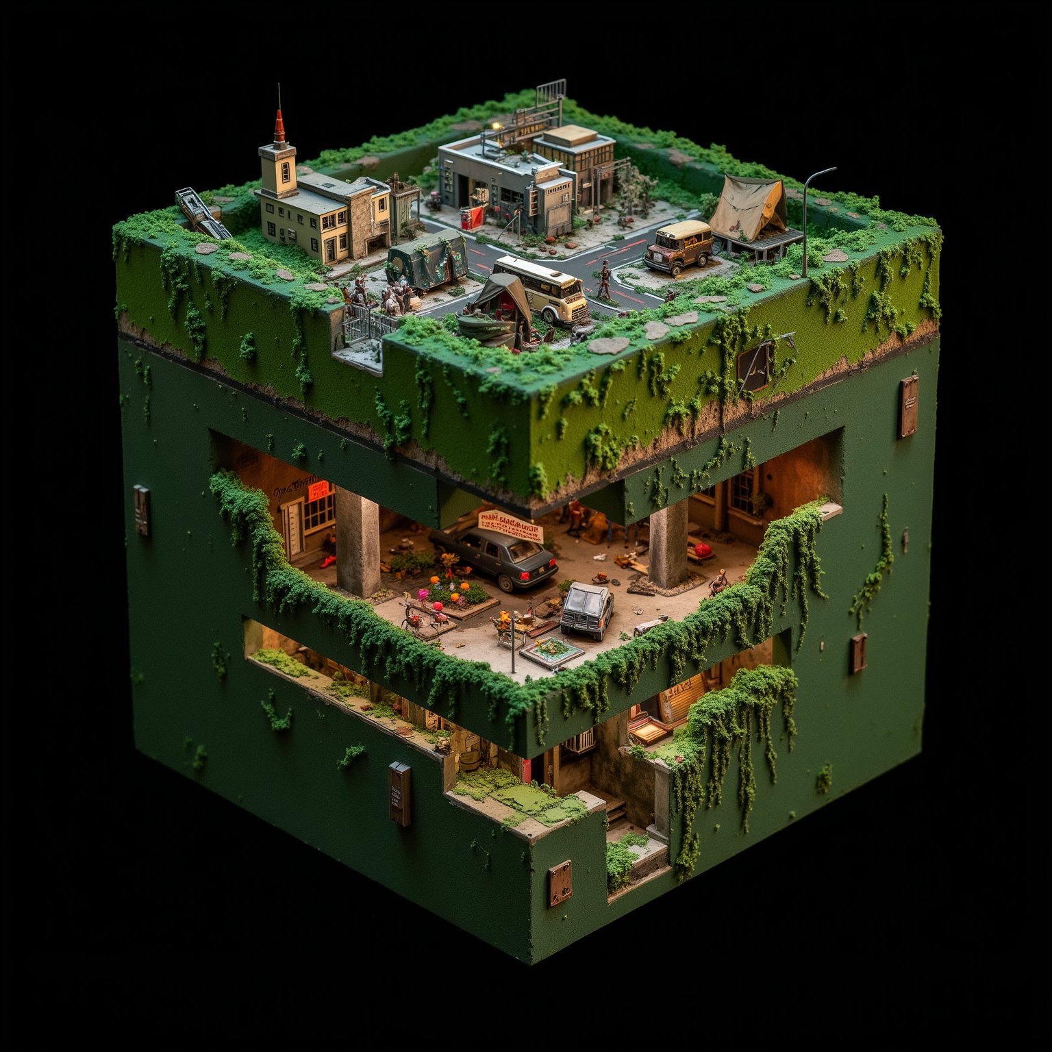 Isometric diorama of post-apocalyptic city, The Last of Us style. Multi-layered 3D cube structure, 30cm wide. Underground sewers with red danger glow. Middle layer: abandoned streets, overturned cars and buses as barricades. Upper level: survivor camp with tents, makeshift gardens. Lush overgrowth, vines covering buildings. Miniature figures of cautious survivors. Detailed graffiti and broken signs. LED lighting effects for underground and night ambiance. Rust and decay textures. Overall green-tinted color scheme. Hyper-detailed, 8K resolution, tilt-shift effect. Photorealistic miniature art style.,noc-isometric,EdwardH0pp3r