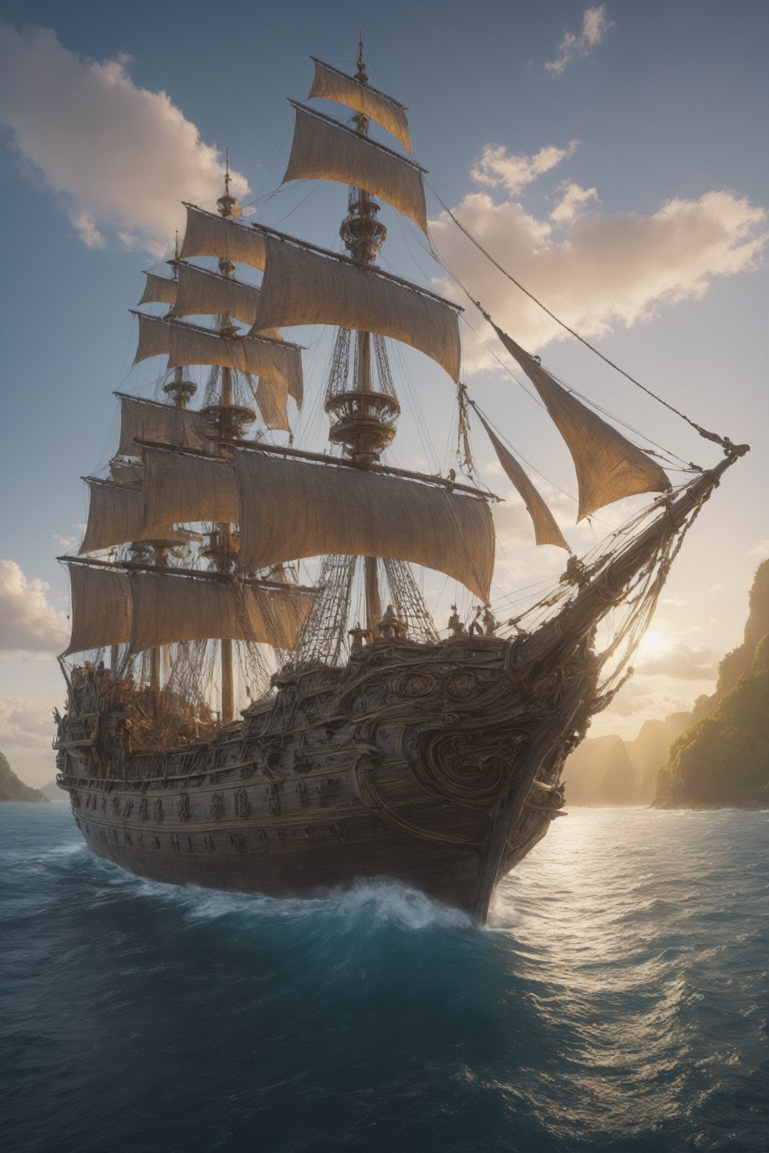 4k,intricate detail,wallpaper,colorful Light,(masterpiece:1.5),absurdres,high resolution,fantasy ship Focu,navy fleet,magnificent,feeling of grandeur,at dawn,sunshine,lovely weather,galleon ship,
,conquest of paradise,jungle,tahiti,hawaii,caribbean,tropical island,Renaissance Sci-Fi Fantasy,High Renaissance,galleon