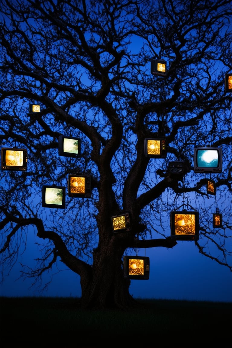 Picture eerie trees adorned with numerous cathode ray tube televisions hanging from their branches like strange fruit. The gnarled limbs of the trees twist and contort, creating a haunting silhouette against the dimly lit sky.Each television emits a faint glow, casting an otherworldly light on the surrounding area. The screens flicker with static and distortion