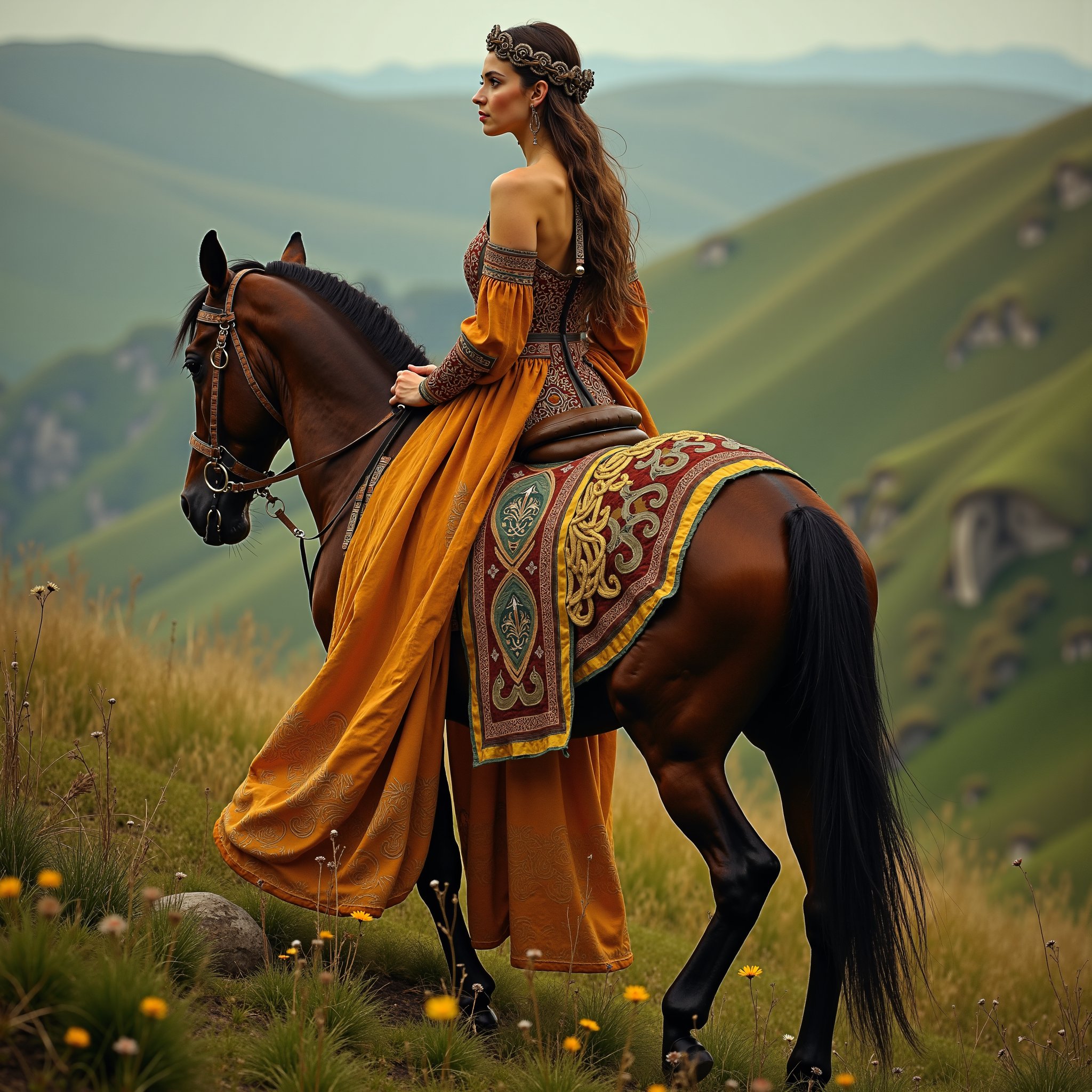 1girl,Envision an ancient Celtic goddess, resplendent in a beautiful dress adorned with intricate Celtic embroidery, elegantly riding atop a horse. Her attire exudes divine grace and power, with rich colors and luxurious fabrics symbolizing her sacred status. As she traverses the Celtic landscape, the goddess embodies the timeless beauty and wisdom of the natural world, inspiring awe and reverence among all who behold her