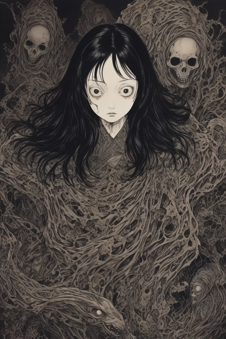 aesthetic art,Immersed in the style of Junji Ito, the horror artwork unfolds with unsettling beauty. Distorted figures and eerie landscapes converge, creating a nightmarish tableau. Stark shadows play upon contorted faces, invoking a sense of dread. The meticulously detailed linework weaves a chilling narrative, where the boundary between reality and the macabre becomes obscured, capturing the essence of Junji Ito's haunting and captivating artistic vision.