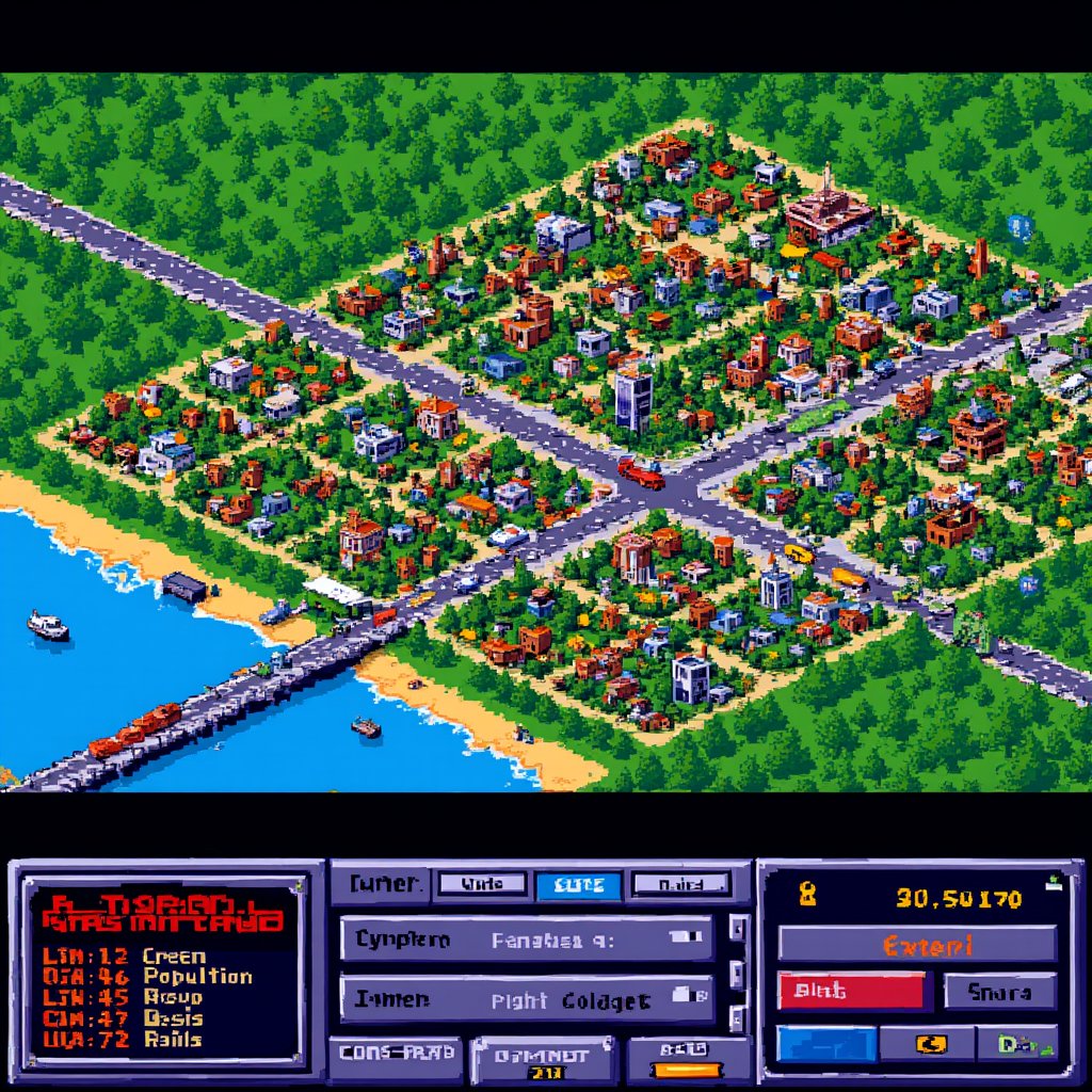 Retro pixelated screenshot of the Super Nintendo version of SimCity, the screen displays a bird's-eye view of a vibrant and growing city in a grid layout, small square buildings fill the landscape and different zones such as residential (green) commercial (blue) and industrial (yellow) are clearly marked. Roads and railways crisscross the map, connecting different parts of the city, tiny pixelated cars move along the roads and occasional trains pass by, the control panel at the bottom of the screen displays player statistics such as population, budget and tax rates as well as various options for building and managing the city. The pixel art style is colorful and the interface exudes a nostalgic early 90s feel, reminiscent of classic 16-bit era games,Pixel Art

