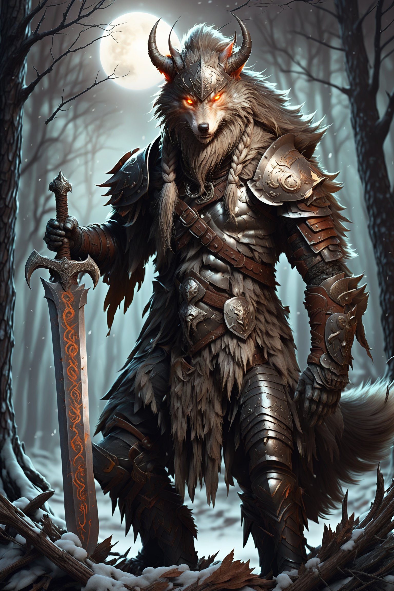 Werewolf warrior in Viking attire,wolf face, massive greatsword resting on shoulder, fur-trimmed leather armor, Norse runes on blade, standing amidst ancient pine forest, misty atmosphere, moonlight filtering through branches, glowing amber eyes, wolf-like features, battle-scarred, muscular physique, braided beard, iron helmet with horns, snow-covered ground, distant howling, photorealistic style, dramatic lighting,LegendDarkFantasy,kawaii knight,cyborg,royal knight,werewolf,IzutsumiPXL,GaelicPatternStyle