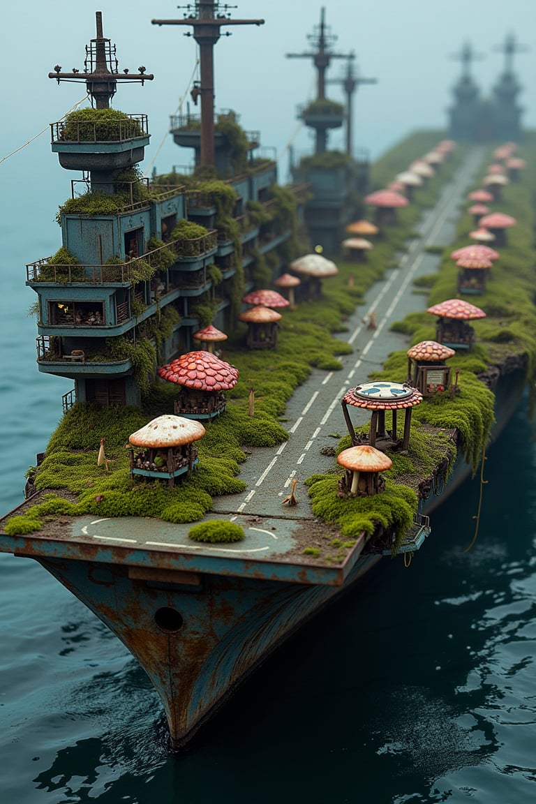 Abandoned aircraft carrier transformed into a whimsical fairy village. Moss-covered flight deck now a bustling marketplace with mushroom stalls and flower petal awnings. Tiny homes crafted from repurposed aircraft parts dot the deck, Fairy lights strung between miniature lampposts made from shell casings,There is a small board for departures on the side,

Below deck, cargo holds converted into grand halls with acorn thrones and dewdrop chandeliers. Engine rooms now house magical workshops, gears repurposed for pixie-powered inventions,

Carrier's island serves as a lookout tower, draped in vines and topped with a glowing crystal beacon, Elevators retrofitted as transport for flying creature,

Bioluminescent plants illuminate the village at night, casting an ethereal glow. Ocean laps gently at the carrier's rusted hull, now a haven for merfolk and sea sprites.