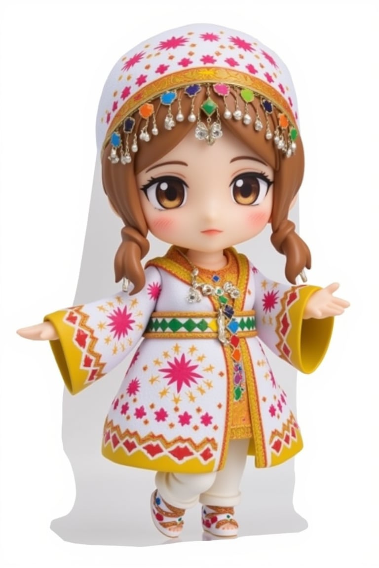 chibi,nendoroid,Moroccan tradition clothe,1girl, a stunning photo with beautiful saturation, ultra high res, best quality, masterpiece), highly detailed, ((full body)),, looking at viewer, knee, warm smile,3D MODEL, full body, chibi,cute, (white pure background), white theme, simple backgroup,Adrr-tsfft,lyh_nendo,Made of adrr-zllj