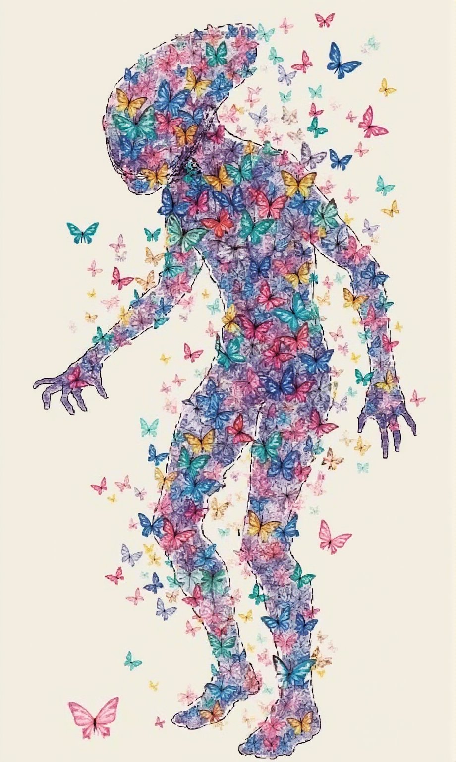 ""Design an alien figure composed entirely of countless colorful and translucent butterflies. The body has a humanoid shape, but the butterflies form a fluid, ever-shifting outline, as if the being is constantly in motion. The butterflies come in various vivid hues like blues, pinks, purples, and greens, their wings shimmering with an ethereal glow. Some butterflies appear more transparent than others, giving the alien a ghostly, otherworldly look. The overall appearance is both mesmerizing and unsettling, with the butterflies occasionally breaking away from the form and fluttering around.",Japanese pattern,by_M_T_Ross