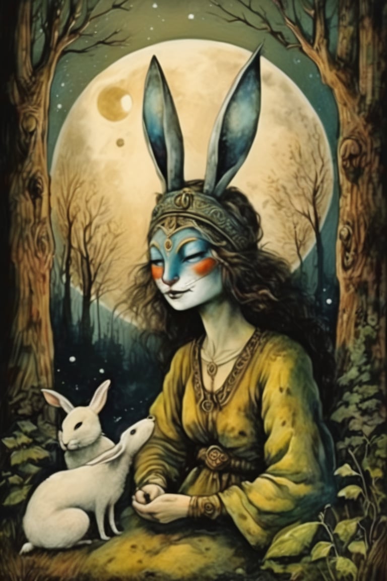 fairy tale illustrations,Simple minimum art, 
myths of another world,Perfect sky, moon and shooting stars,moon on face,
pagan style graffiti art, aesthetic, sepia, ancient Russia,(holy bard),
A female shaman,(wearing a rabbit-faced mask),nodf_xl, in the style of esao andrews,rabbit kissing sheep,
watercolor \(medium\),jewel pet,acidzlime