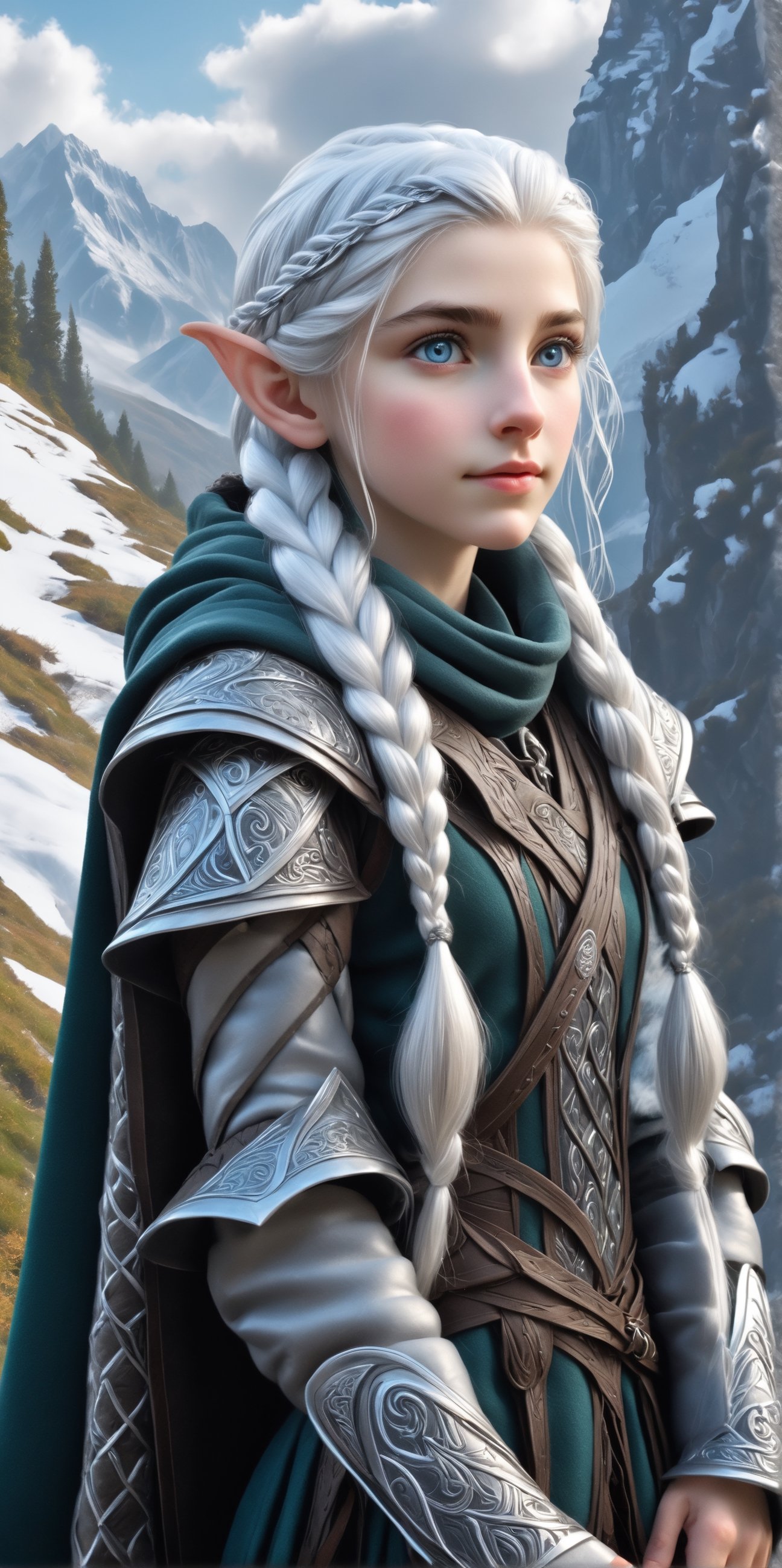 Extreme detailed,ultra Realistic,
beautiful young ELF lady,platinum silver shining hair, long elvish braid, side braid, blue-grey eyes,elf ears,
Wearing Celtic leather Armor, hooded cloak, animal fur hood, intricate clothing, animal fur clothing, dark clothing, waistband, scarf, soft smile, bending posture, looking into the distance, 
snowy mountain scenery, overlooking valley, river, white clouds, seen from behind,ol1v1adunne