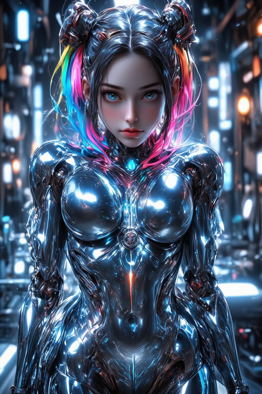 A sleek female cyborg with a mirror-polished chrome body, reflecting its surroundings. Feminine curves accentuate its robotic form. Vibrant, multicolored cables extend from its head like hair, flowing in various directions. Intricate, glowing blue-white tattoos cover the cyborg's metallic skin,tattoos body,creating complex patterns and circuitry designs. The tattoos pulse with a soft, ethereal light. The cyborg stands in a futuristic laboratory setting, surrounded by holographic displays and advanced technology. Its eyes emit a gentle, intelligent glow. Hyperrealistic details, 8K resolution, ray tracing, cinematic lighting.,\mechako\,cyborg_master, QTGIRLREAL,REALNIME