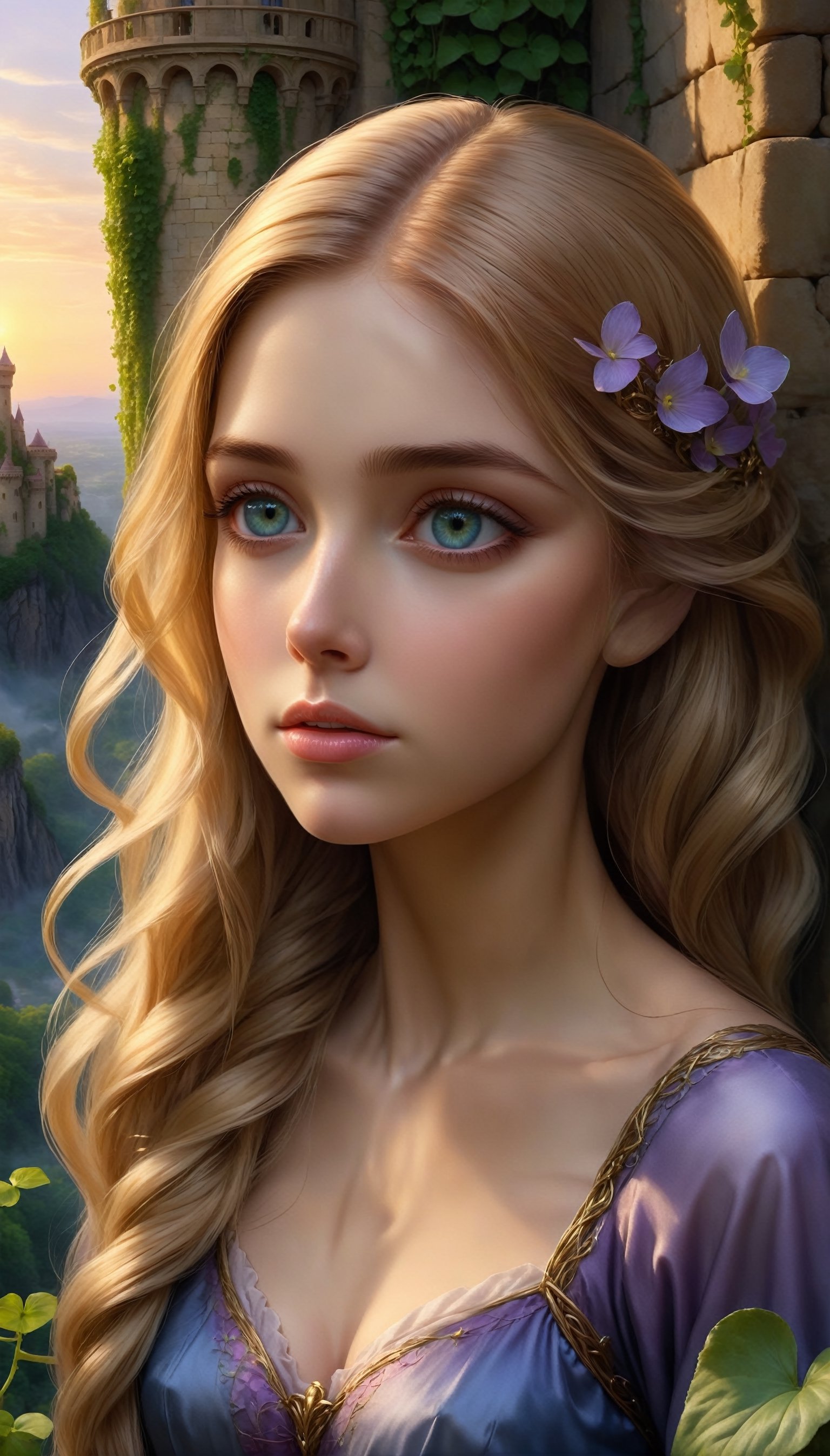 1Girl,Rapunzel,
The tower stands tall, its stone walls adorned with ivy creeping upwards, embracing the structure with nature's embrace. At the tower's peak, a single window casts a warm glow against the twilight sky, offering a glimpse into the sanctuary within. There, Rapunzel, with flowing golden locks, leans out, her face illuminated by the soft light. Her eyes, like sapphires, sparkle with a sense of longing, her delicate hands reaching out towards the world beyond.,photo_b00ster