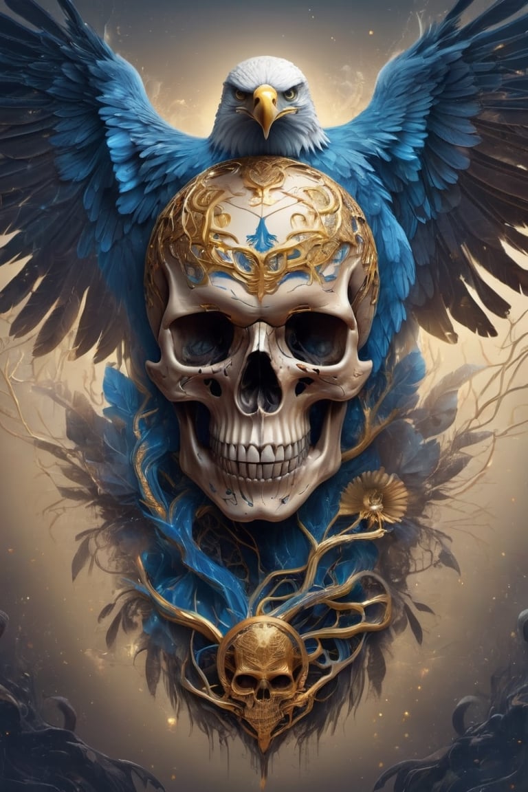 Delicately tattooed skull, beautiful Eagle crest, beautiful atmosphere with golden lines, completely transparent bones, golden blood vessels, blue luminous brain marrow.