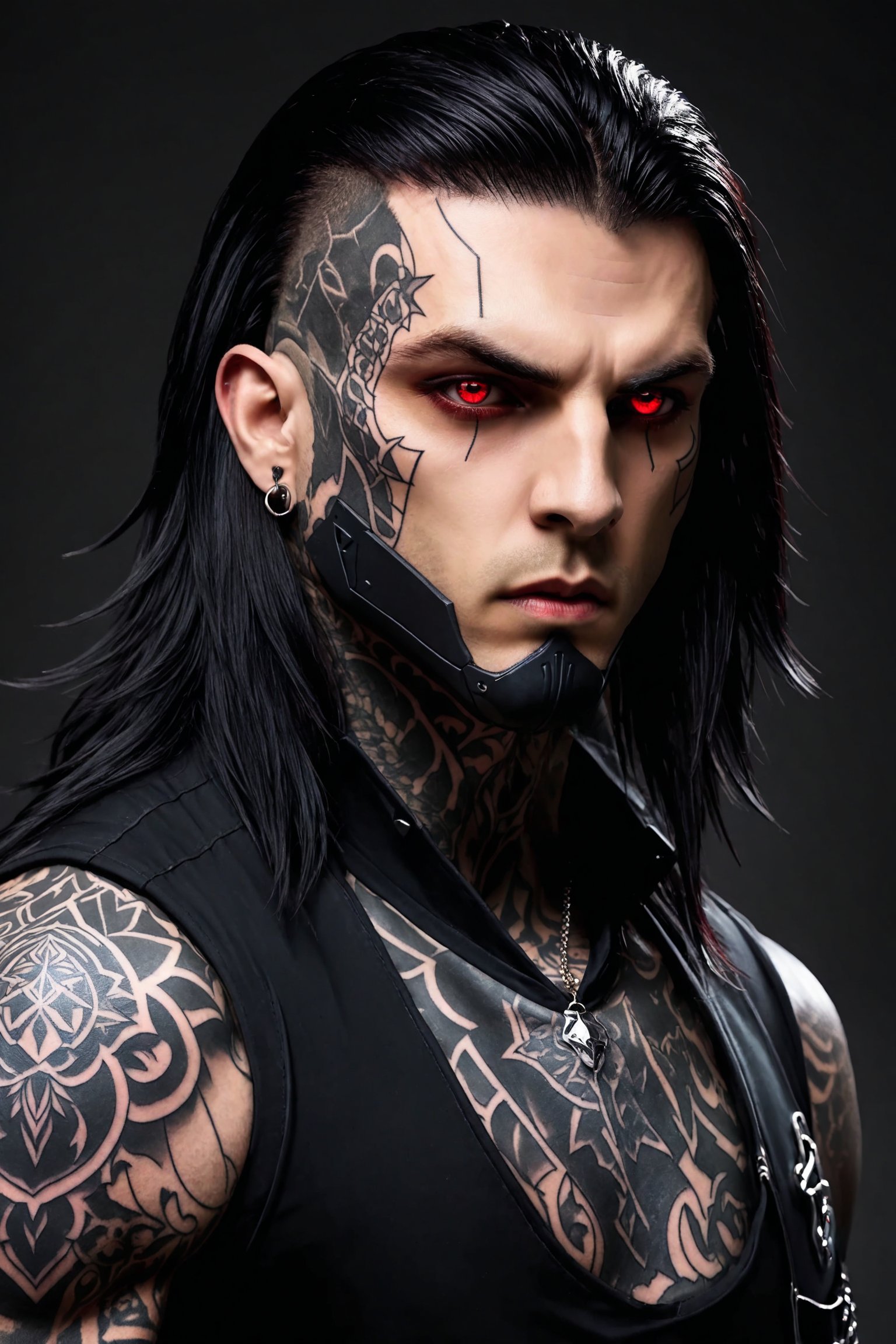 Antagonist Design,1 man,badass man,
Ronnie Radke,
long hair,((tattoo on forehead:1.2)),
A vampire with a beautiful and cool design, ominous red eyes, sickly fair skin, and sharp black armor.,zavy-cbrpn,Watch the World Burn,

