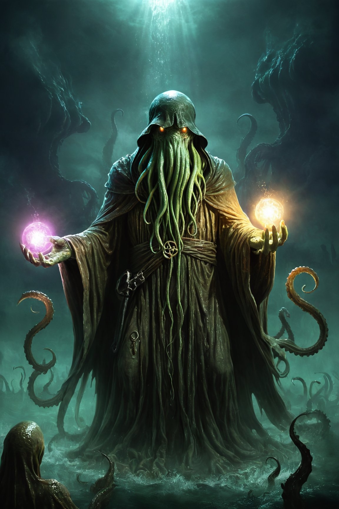 Missionary Cthulhu,emerges from the depths with an otherworldly aura, blending the devout zeal of a missionary with the unfathomable terror of Cthulhu. Cloaked in tattered robes adorned with symbols of ancient cults, it carries a tome filled with forbidden knowledge and dark prophecies. Its eyes glow with an unearthly light as it spreads its message of cosmic dominion to the far corners of the earth. With each step, it leaves behind a trail of madness and despair, converting the unsuspecting into fervent followers of the eldritch faith. The Missionary Cthulhu is a harbinger of doom,LegendDarkFantasy