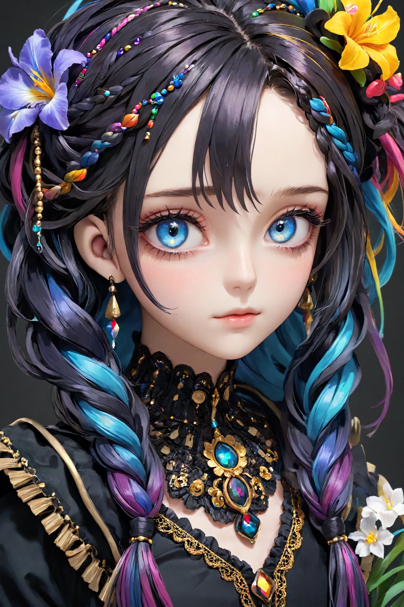 ultra Realistic,1 Girl,Beautiful Blue eyes,Detailed and beautiful iris,
 with crazy alternate hairstyle, amazingly intricately (dreadlocks:1.5
),colorful color hair, each braid painstakingly created,decorated with delicate accessories and beads, hair dark gold and black in color,aesthetic,Rainbow haired girl ,FlowerStyle