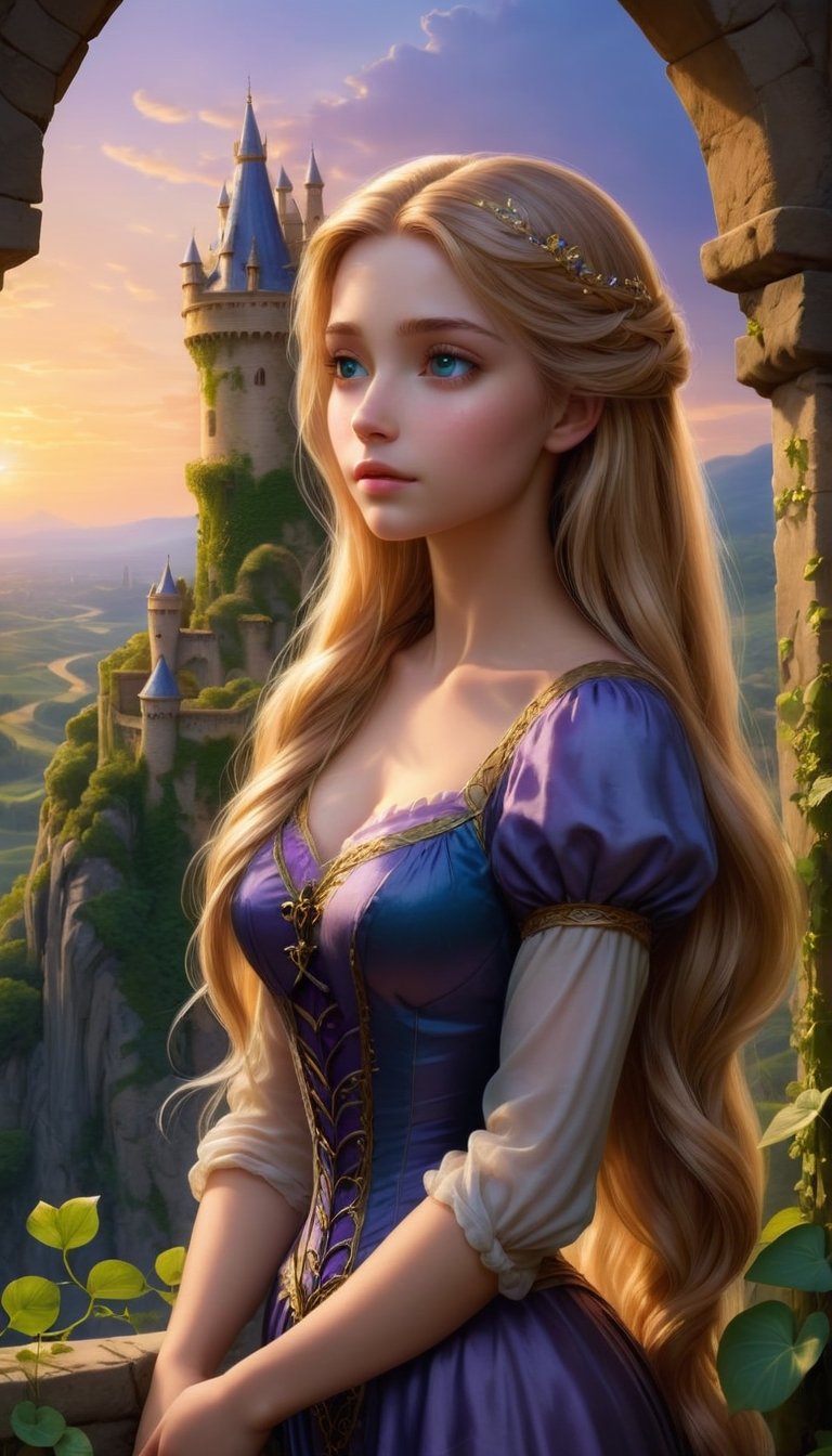 1Girl,Rapunzel,
The tower stands tall, its stone walls adorned with ivy creeping upwards, embracing the structure with nature's embrace. At the tower's peak, a single window casts a warm glow against the twilight sky, offering a glimpse into the sanctuary within. There, Rapunzel, with flowing golden locks, leans out, her face illuminated by the soft light. Her eyes, like sapphires, sparkle with a sense of longing, her delicate hands reaching out towards the world beyond.,photo_b00ster